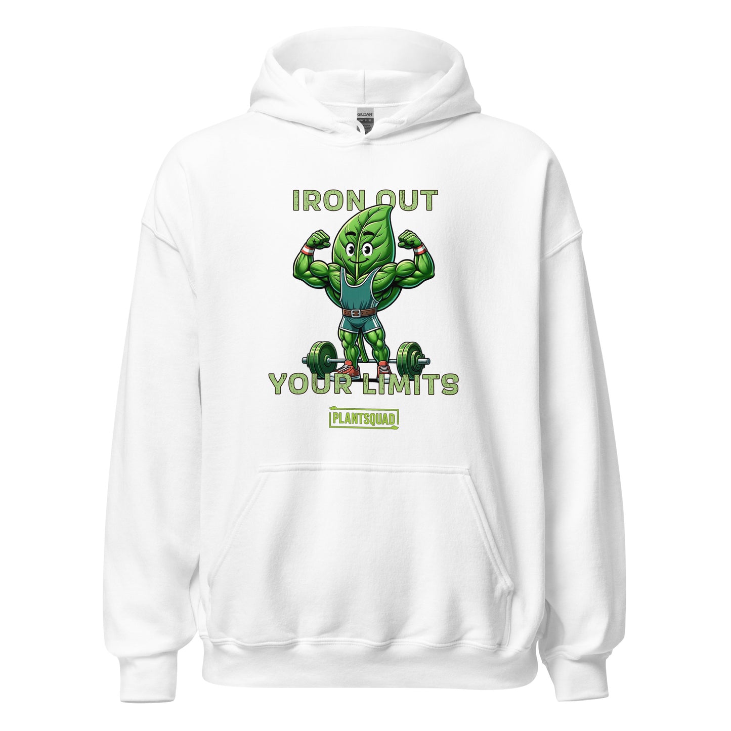 A **Plantsquad Spinach "Iron Out Your Limits" - Unisex Hoodie** features a cartoon illustration of a muscular leaf character lifting a barbell. The text above and below the character reads, "IRON OUT YOUR LIMITS," with "PLANTSQUAD" on a banner beneath, celebrating the vegan lifestyle.