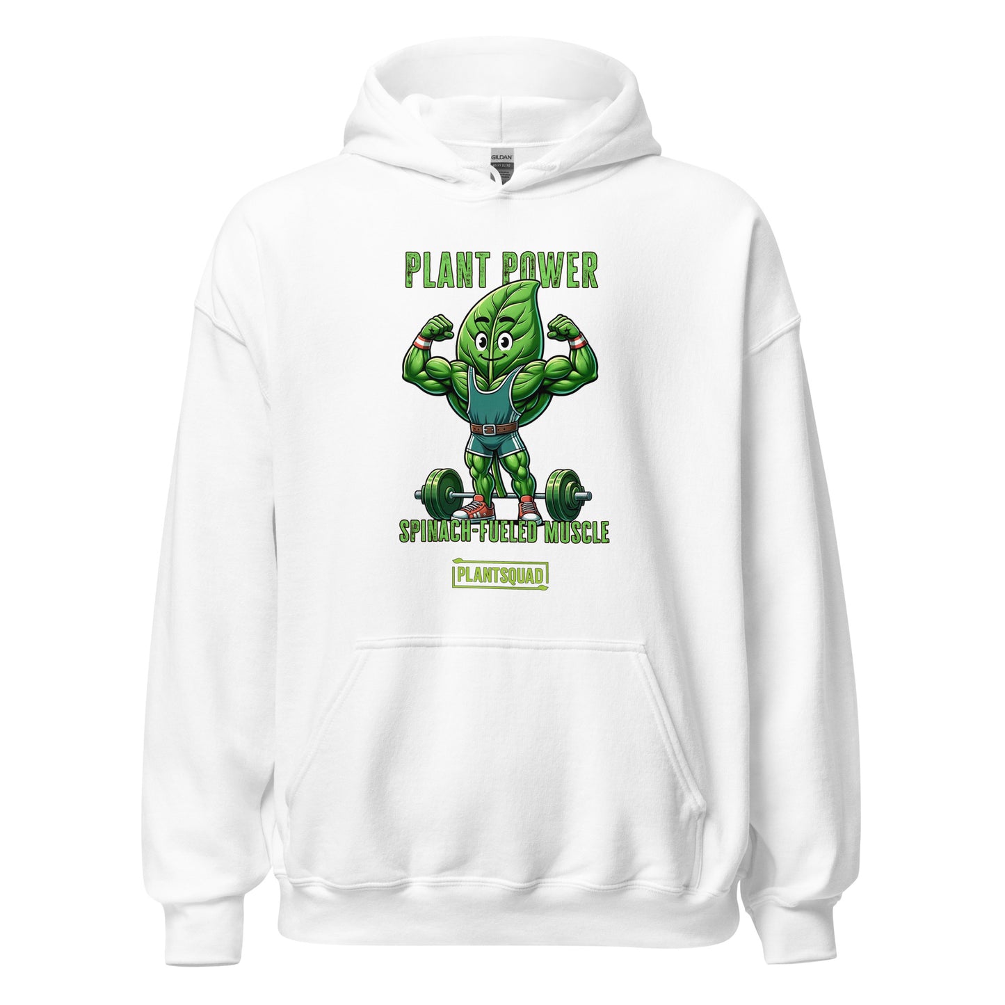 The Plantsquad Spinach "Plant Power Spinach Fueled Muscle" - Unisex Hoodie features a muscular cartoon spinach leaf character lifting weights with the text "PLANT POWER" above and "SPINACH FUELED MUSCLE" below. Perfect for gym enthusiasts embracing a vegan lifestyle, there’s a small "PLANTSQUAD" label at the bottom.