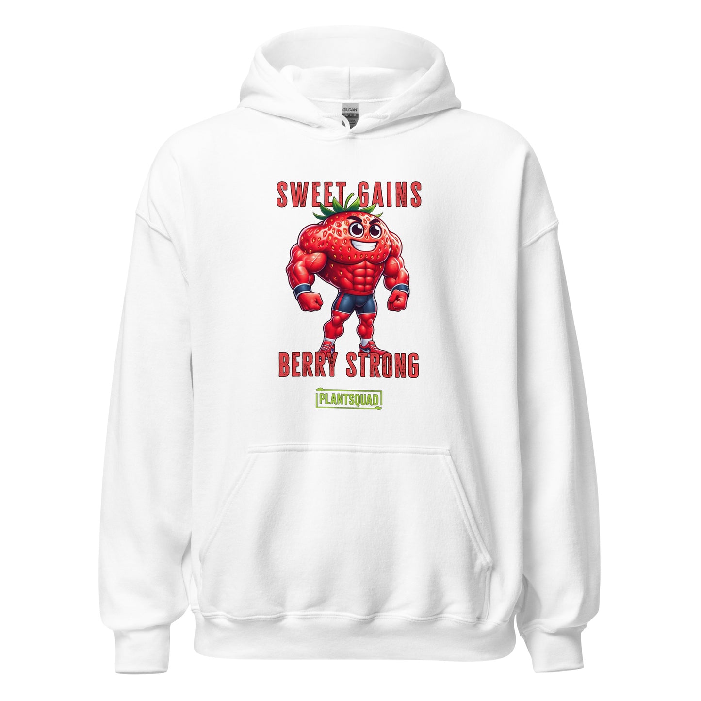 A black Plantsquad Strawberry "Sweet Gains Berry Strong" - Unisex Hoodie featuring a muscular, anthropomorphic strawberry character at the center, perfect for embracing a vegan lifestyle. Text above the strawberry reads "Sweet Gains" and below it reads "Berry Strong" with a small "PlantSquad" logo underneath. Made from cozy fabric, ideal for post-weight lifting comfort.