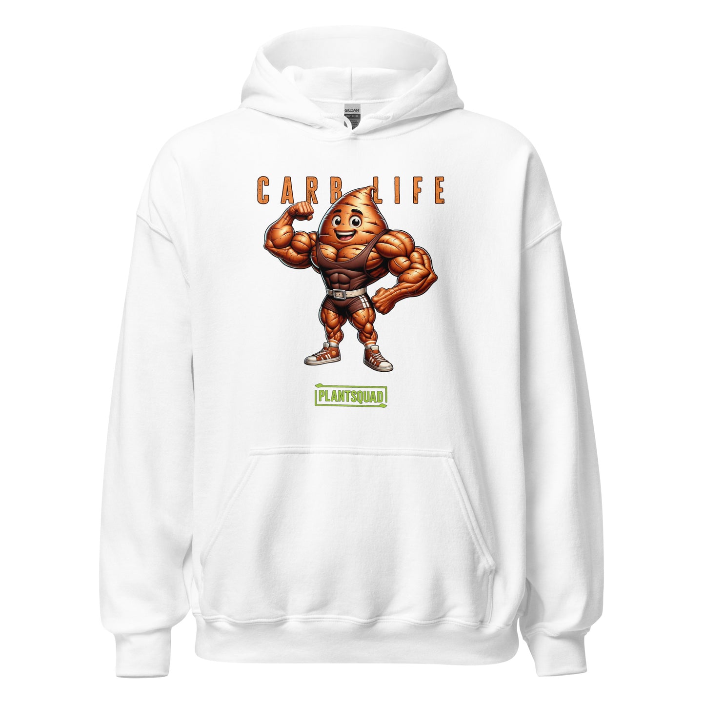 A Plantsquad Sweet Potato "Carb Life" - Unisex Hoodie featuring a cartoon image of a muscular vegetable with a smiling face. Above the image is the text "CARB LIFE" in orange letters, and below it is a green and white logo that reads "PLANTSQUAD." Made from cozy fabric, it's perfect for those embracing a vegan lifestyle.