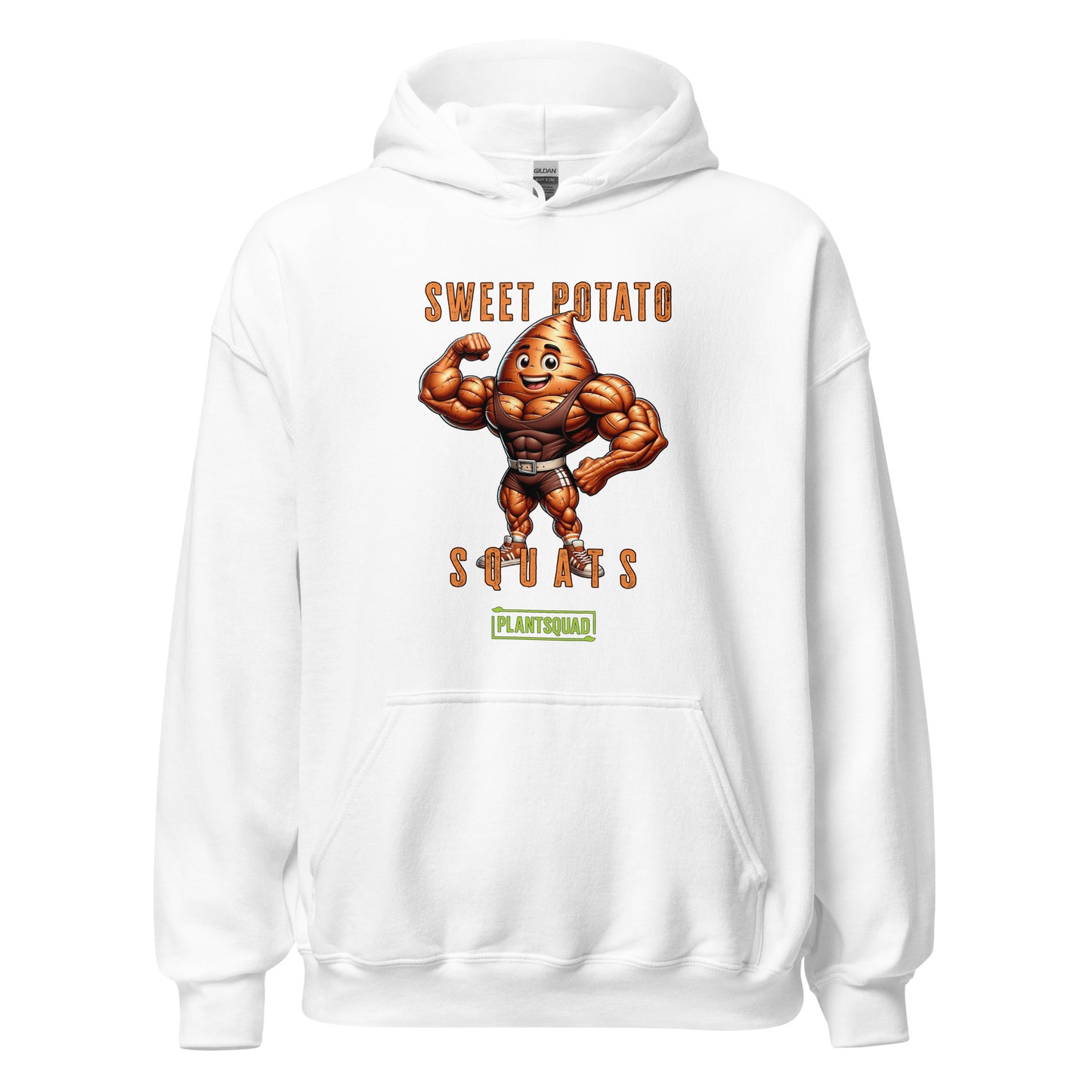 A black Plantsquad Sweet Potato "Sweet Potato Squats" - Unisex Hoodie featuring a muscular anthropomorphic sweet potato flexing its arms. The text above reads "Sweet Potato Squats" and below reads "Plantsquad." The sweet potato character is smiling, wearing a weightlifting belt, and the cozy fabric makes it perfect for anyone embracing the vegan lifestyle.