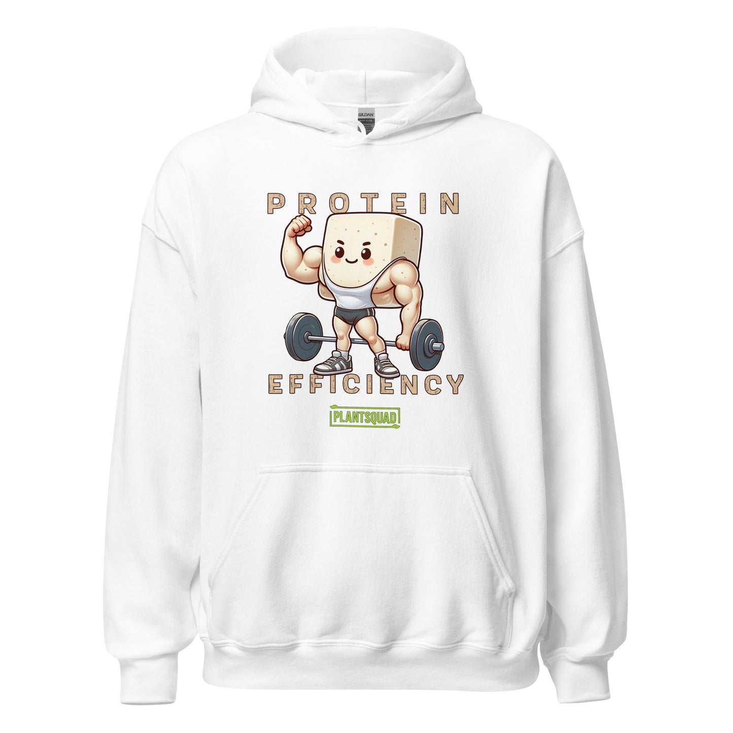 This Plantsquad Tofu "Protein Efficiency" - Unisex Hoodie features an illustration of a muscular cartoon tofu character lifting a barbell, celebrating the vegan lifestyle. The text above and below reads "PROTEIN EFFICIENCY." Below the illustration, there's a small logo that says "PLANTSQUAD.