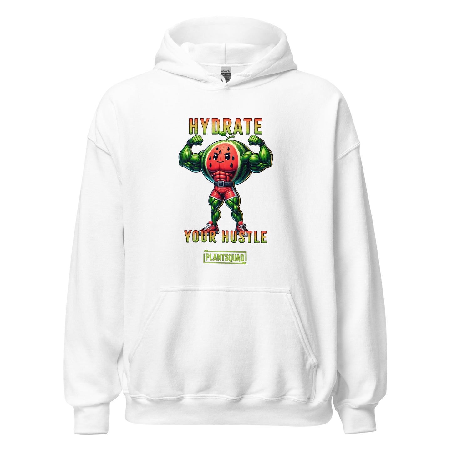 A black workout hoodie features an illustration of a muscular, anthropomorphic watermelon holding two water bottles. The text above and below the illustration reads, "Hydrate Your Hustle." Embrace your plant-based lifestyle with this stylish piece from Plantsquad Watermelon "Hydrate Your Hustle" - Unisex Hoodie.