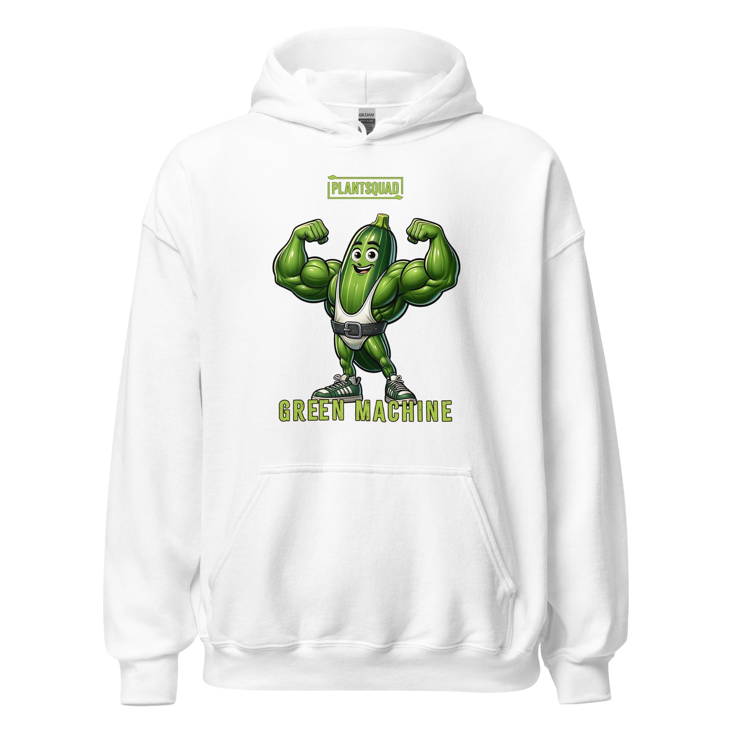 A black hoodie featuring a muscular cucumber character flexing its arms. Above the character, the text reads "PLANTSQUAD," and below it, "GREEN MACHINE" in lime-green, blocky font. This Plantsquad Zucchini "Green Machine" - Unisex Hoodie has a front pocket and a drawstring hood, perfect for those embracing a plant-based lifestyle.