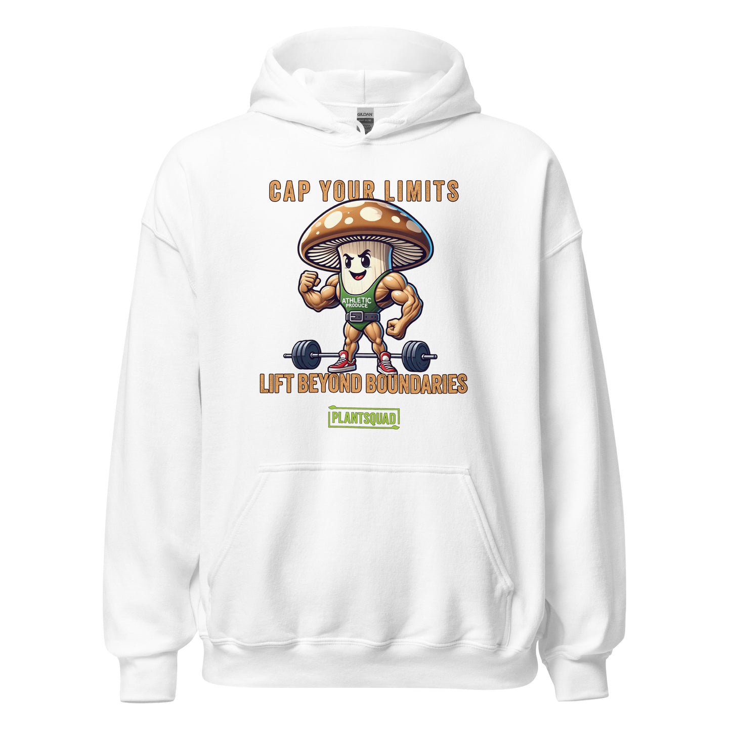 The Plantsquad Mushroom "Cap Your Limits Lift Beyond Boundaries" - Unisex Hoodie is a black weight lifting hoodie featuring a muscular cartoon mushroom character lifting weights. Text above reads "Cap Your Limits" and below reads "Lift Beyond Boundaries." Perfect for embracing plant-based fitness, it features a green logo with the text "PLANTSQUAD" beneath the mushroom.