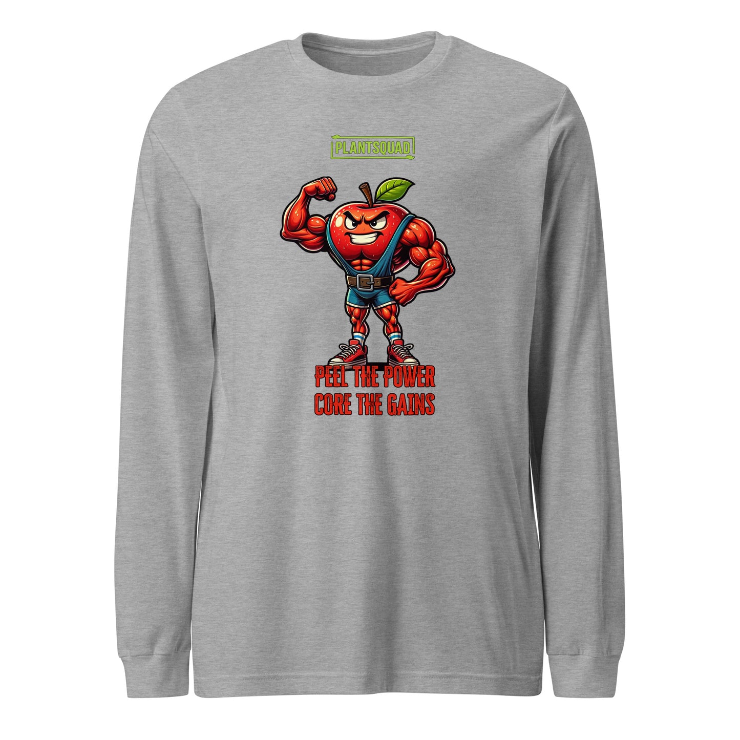 Plantsquad Apple "Peel The Power Core The Gains" - Unisex Long Sleeve T-Shirt featuring a muscly apple design, flexing with a confident expression, wearing blue suspenders and red boots. The text "PLANTSQUAD" hovers above the apple, while below reads "PEEL THE POWER CORE THE GAINS" in bold red text—perfect for promoting a plant-based lifestyle.