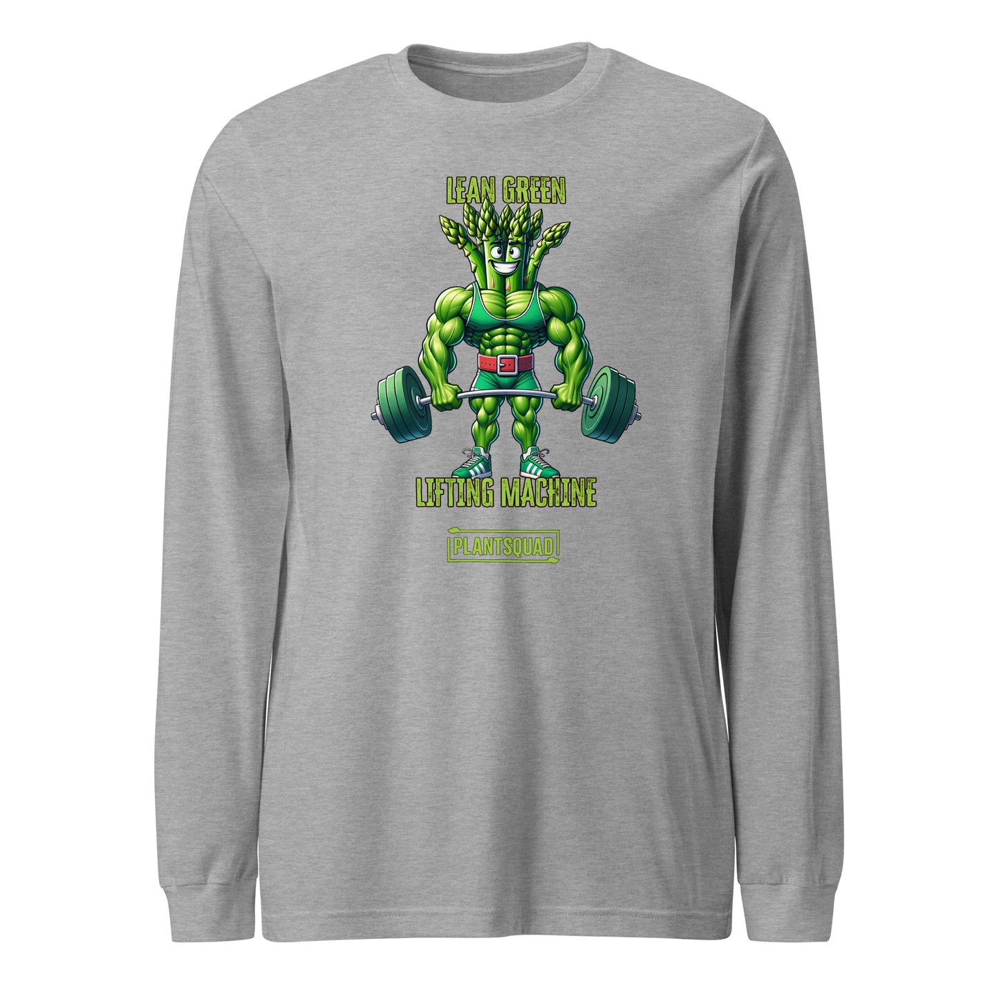 A Plantsquad Asparagus "Lean Green Lifting Machine" - Unisex Long Sleeve T-Shirt featuring an illustration of a muscular, anthropomorphic plant lifting dumbbells. The text above reads, "Lean Green Lifting Machine," and below, "Plantsquad," both in green lettering—a perfect fit for those embracing a plant-based lifestyle or vegan fitness.