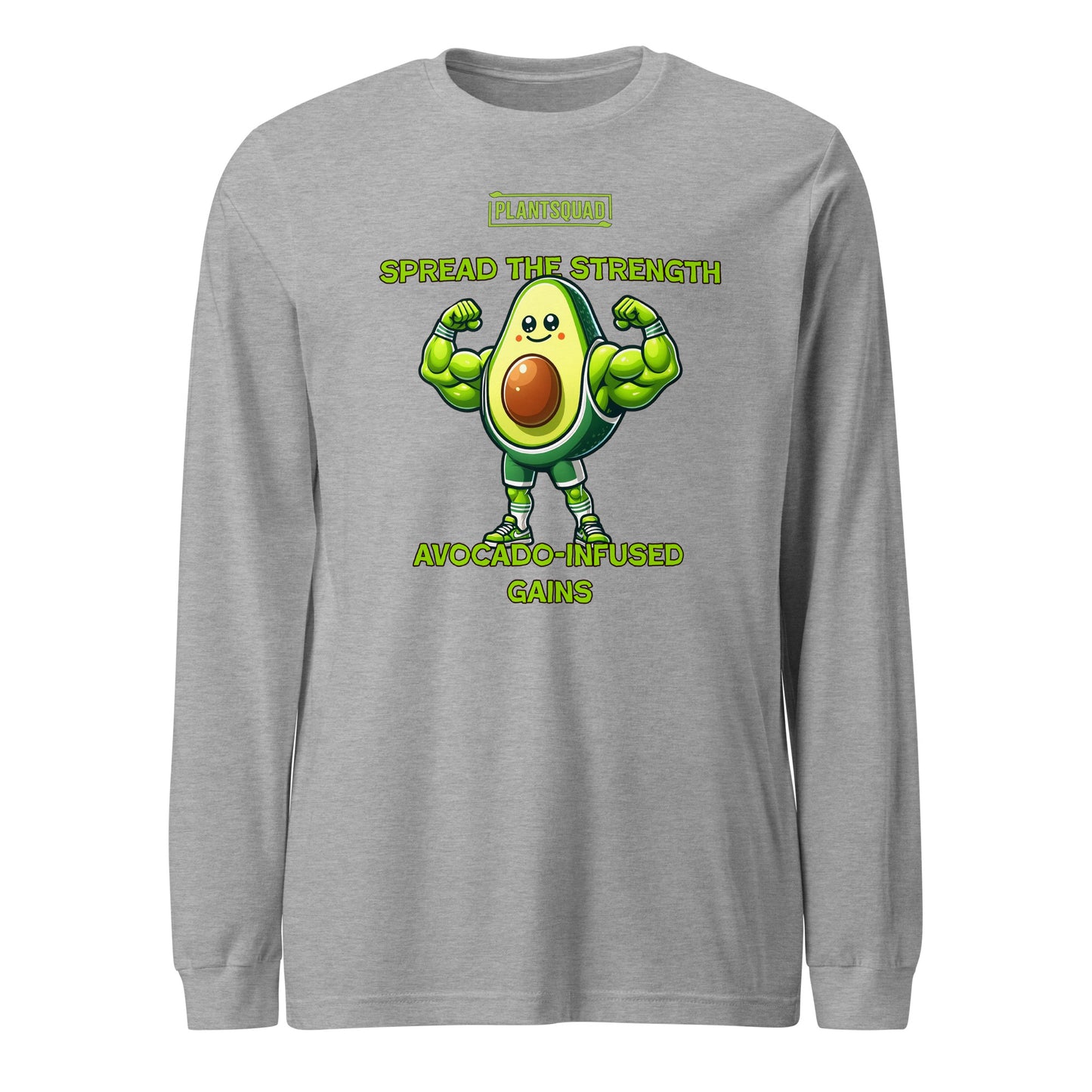 A black long-sleeve shirt features a muscular avocado cartoon flexing its arms. Above, it says "Plantsquad" and "Spread the Strength." Below the avocado, the text reads "Avocado-Infused Gains," perfect for fitness enthusiasts embracing a vegan lifestyle. This is the Plantsquad Avocado "Spread The Strength Avocado-Infused Gains" - Unisex Long Sleeve T-Shirt.