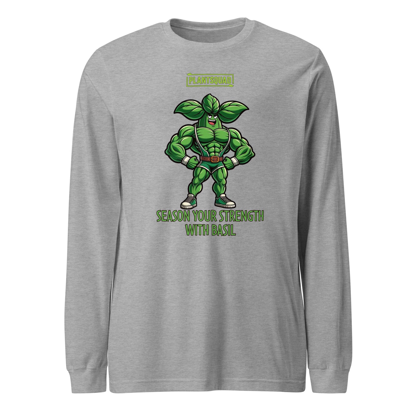 Black long-sleeve shirt with a graphic of a muscly basil cartoon in a green costume. Above the character, "PLANTSQUAD" is proudly displayed, and below, "SEASON YOUR STRENGTH WITH BASIL" appears in vibrant green letters. Perfect for fitness enthusiasts embracing a vegan lifestyle! Introducing the Plantsquad Basil "Season Your Strength With Basil" - Unisex Long Sleeve T-Shirt.
