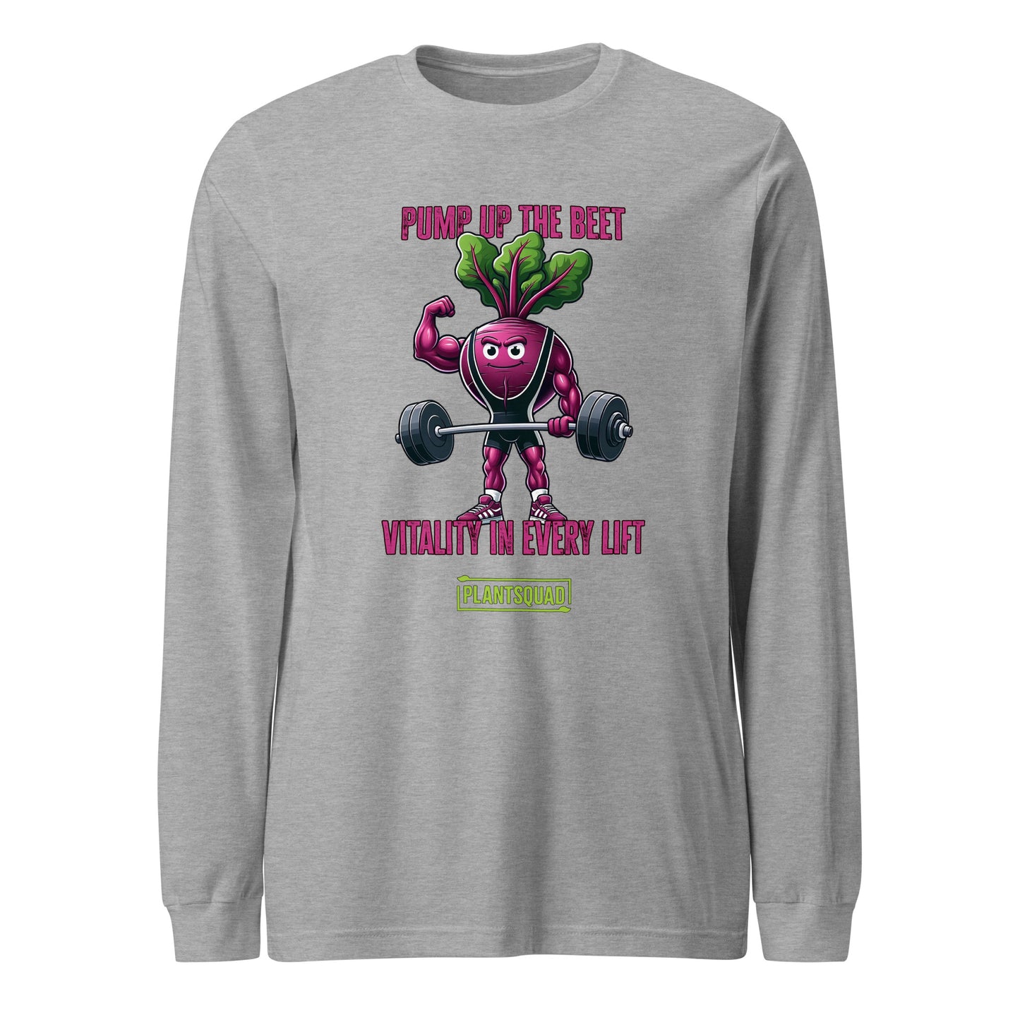 Black long-sleeve shirt featuring a weight-lifting beetroot cartoon with the text "Pump Up the Beet" above and "Vitality in Every Lift" below. The bottom includes the text "Plantsquad" within a green rectangle, perfect for those embracing a plant-based lifestyle or vegan fitness apparel. Introducing: **Plantsquad Beetroot "Pump Up The Beet Vitality In Every Lift" - Unisex Long Sleeve T-Shirt**.