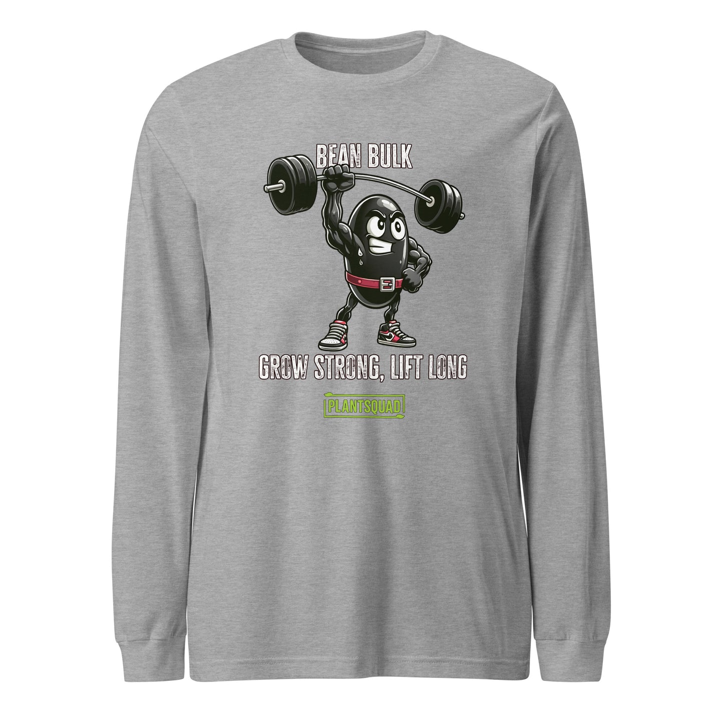 A black long-sleeve shirt, the Plantsquad Black Bean "Bean Bulk Grow Strong Lift Long" - Unisex Long Sleeve T-Shirt, features a cartoon bean character lifting weights with the text "Bean Bulk" above it. Below the character, the text reads "Grow Strong, Lift Long" and "PlantSquad." Perfect for fitness enthusiasts embracing a vegan lifestyle.