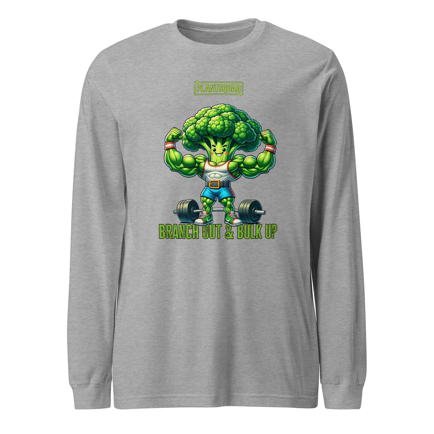 Plantsquad Broccoli "Branch Out & Bulk Up" - Unisex Long Sleeve T-Shirt: A black long-sleeve shirt featuring a muscly broccoli cartoon lifting a barbell. Above the character, it says "PLANTSQUAD," and below, it says "BRANCH OUT & BULK UP!" in green and yellow text—a must-have for fitness enthusiasts embracing a plant-based lifestyle.