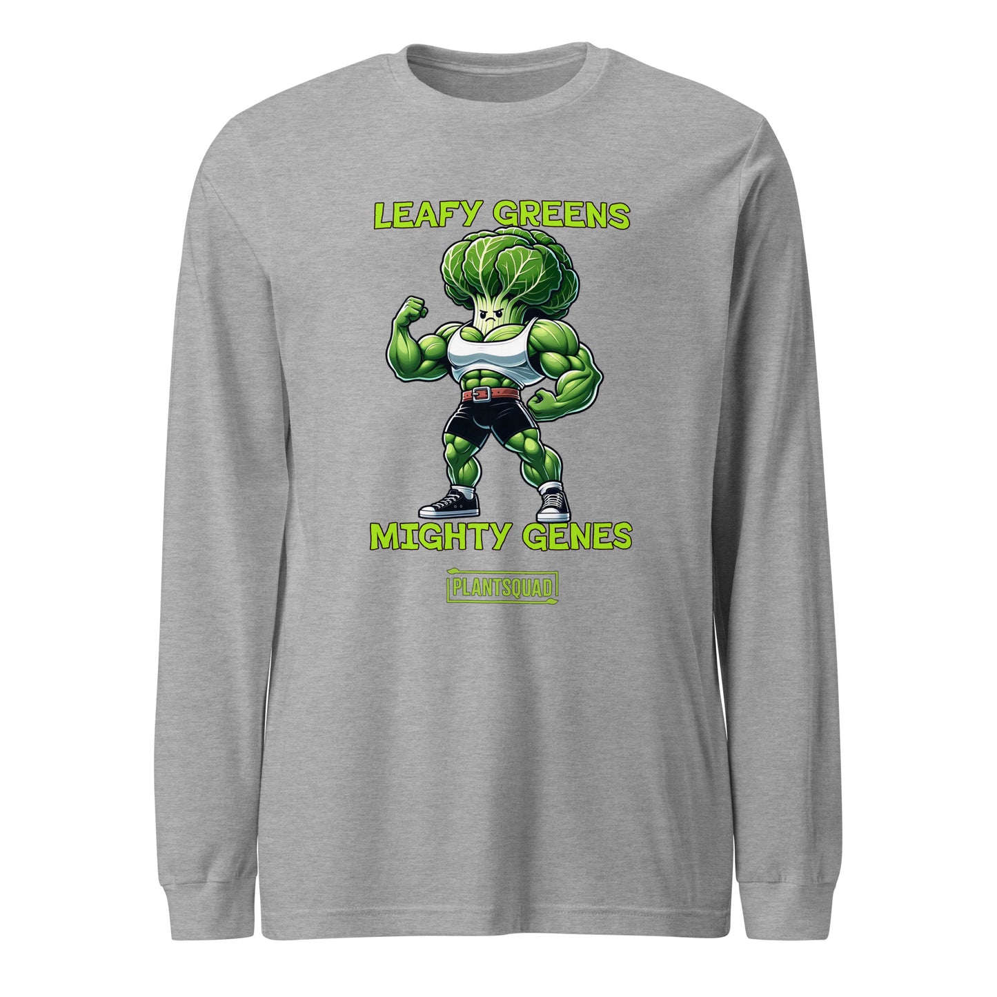 A Plantsquad Cabbage "Leafy Greens Mighty Genes" - Unisex Long Sleeve T-Shirt featuring a muscular cartoon broccoli flexing its arms, perfect for fitness enthusiasts. The broccoli, donning a white tank top and blue shorts, proudly sits under the text "LEAFY GREENS," with "MIGHTY GENES" below. At the bottom is the logo "PLANTSQUAD.