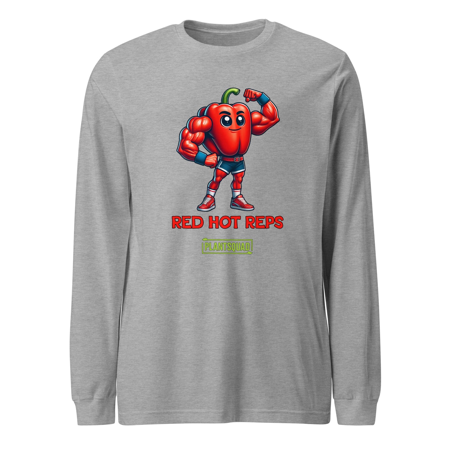 A Plantsquad Capscium "Red Hot Reps" - Unisex Long Sleeve T-Shirt perfect for fitness enthusiasts, featuring a cartoon image of a muscular chili pepper character flexing its arms. Text below the image reads "RED HOT REPS" in red letters, and underneath is the "PLANTSQUAD" logo in green, celebrating a vegan lifestyle.