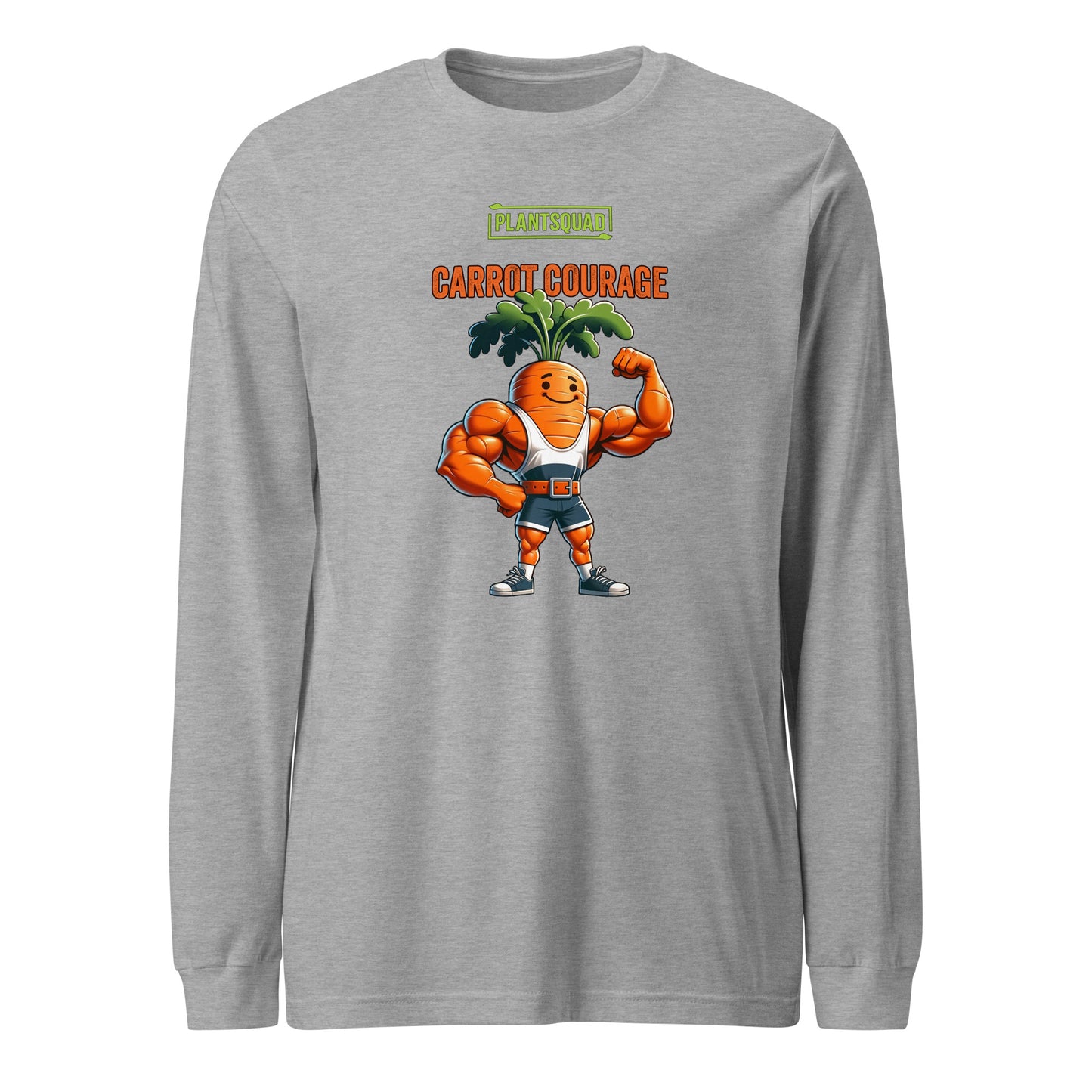 A Plantsquad Carrot "Carrot Courage" - Unisex Long Sleeve T-Shirt featuring a muscular cartoon carrot character flexing its arm muscles. The character has green leafy hair and is wearing orange and white sneakers. Perfect for fitness enthusiasts embracing a vegan lifestyle, the text above reads "PLANT SQUAD" and "CARROT COURAGE.