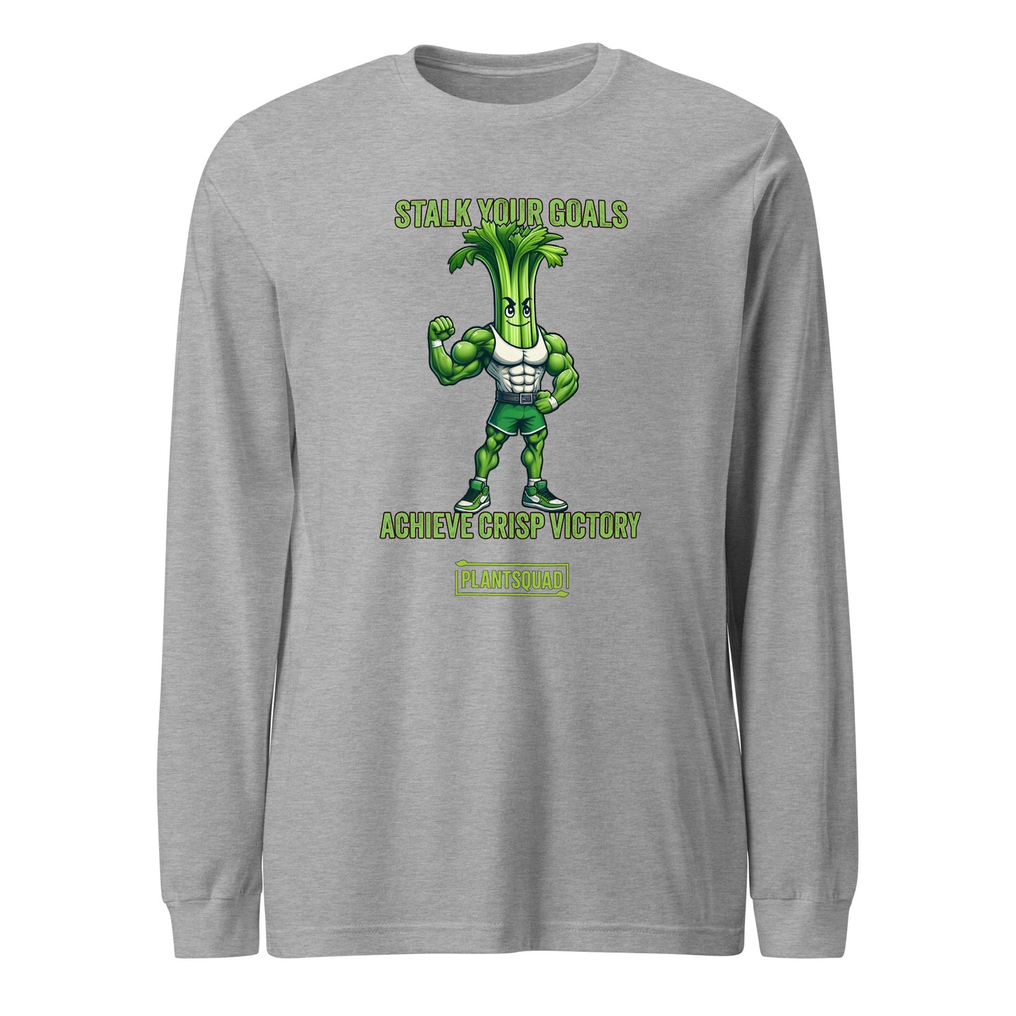 Plantsquad Celery "Stalk Your Goals Achieve Crisp Victory" - Unisex Long Sleeve T-Shirt: A black long-sleeve fitness shirt featuring a muscly celery cartoon flexing muscles with the text "Stalk Your Goals" above and "Achieve Crisp Victory" below. Perfect for embracing a vegan lifestyle, the words "Plantsquad" appear at the bottom.