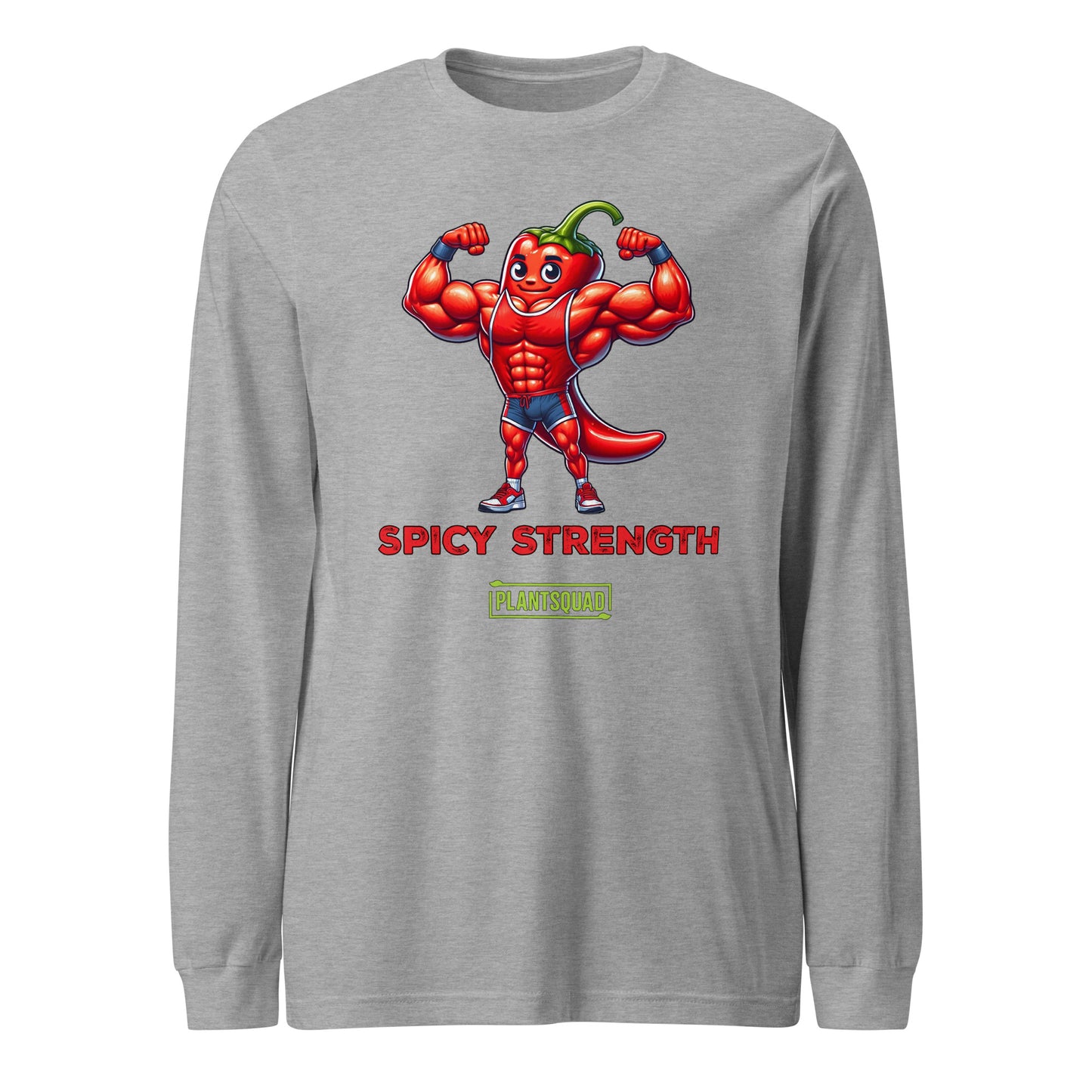 A Plantsquad Chilli "Spicy Strength" - Unisex Long Sleeve T-Shirt displaying a muscly chili cartoon character with muscles, flexing its arms. Below the character, the text reads "SPICY STRENGTH" and "PLANTSQUAD" in red and green fonts, respectively—perfect for fitness enthusiasts embracing a vegan lifestyle.