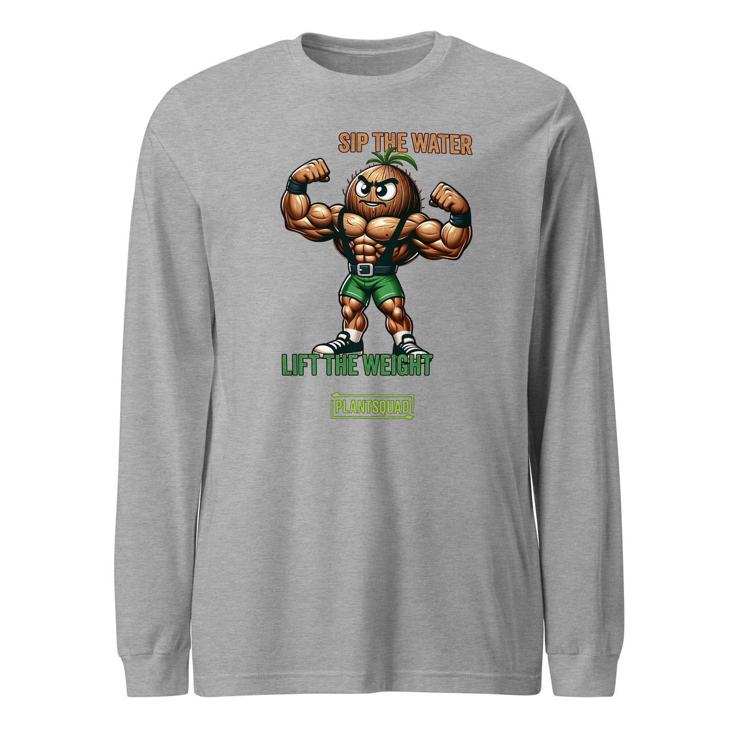 Black long-sleeve vegan fitness shirt featuring a muscly coconut cartoon lifting weights. Text above reads, "SIP THE WATER," and below, "LIFT THE WEIGHT." The word "PLANTSQUAD" appears at the bottom in a green rectangle. Perfect for anyone embracing a plant-based lifestyle.

Plantsquad Coconut "Sip The Water Lift The Weight" - Unisex Long Sleeve T-Shirt