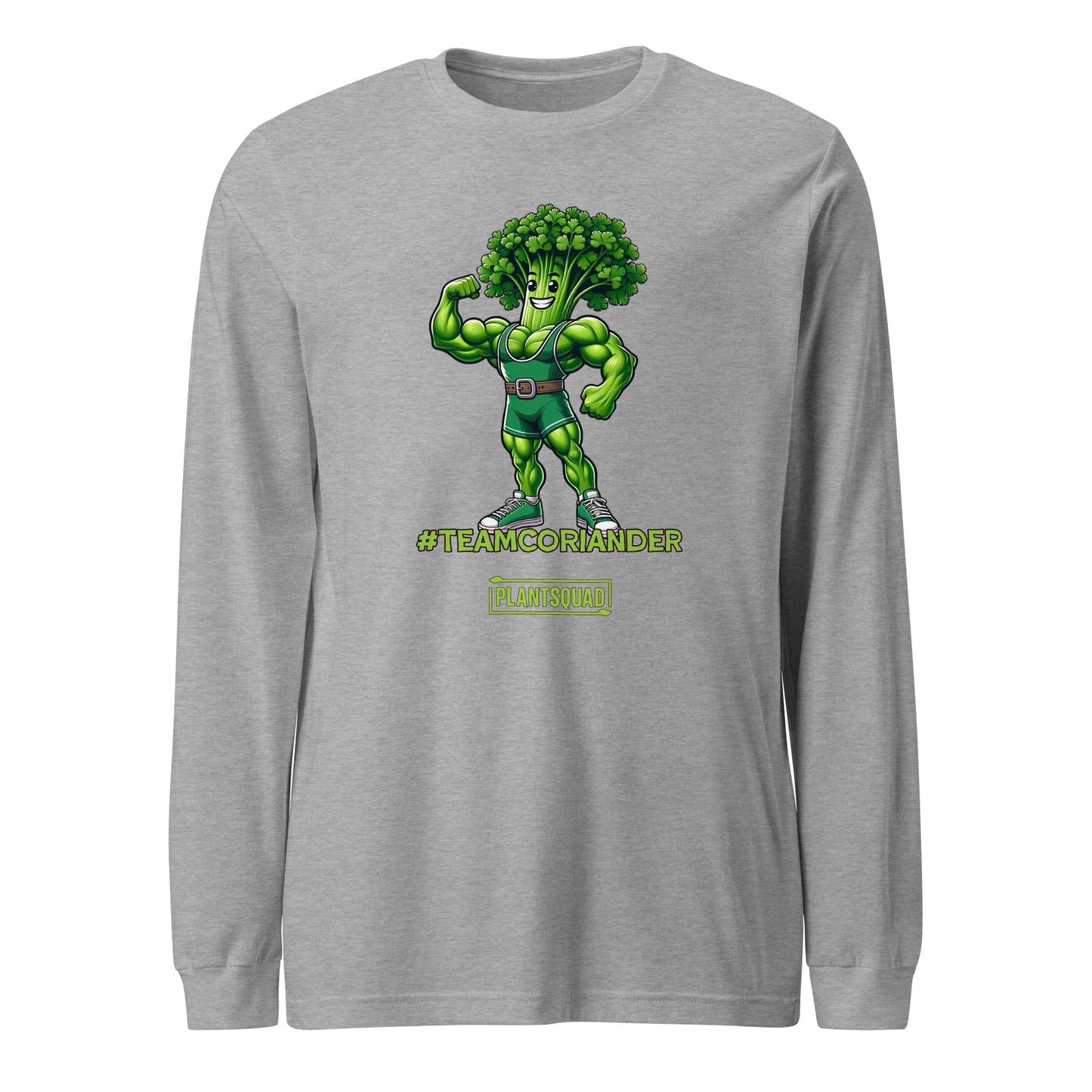 A Plantsquad Coriander "Team Coriander" - Unisex Long Sleeve T-Shirt featuring a muscly coriander cartoon character with a bodybuilder physique and a head of coriander leaves. The text "#TEAMCORIANDER" is displayed below the character, along with the logo "PLANTSQUAD" underneath. Perfect for fitness enthusiasts embracing a vegan lifestyle.