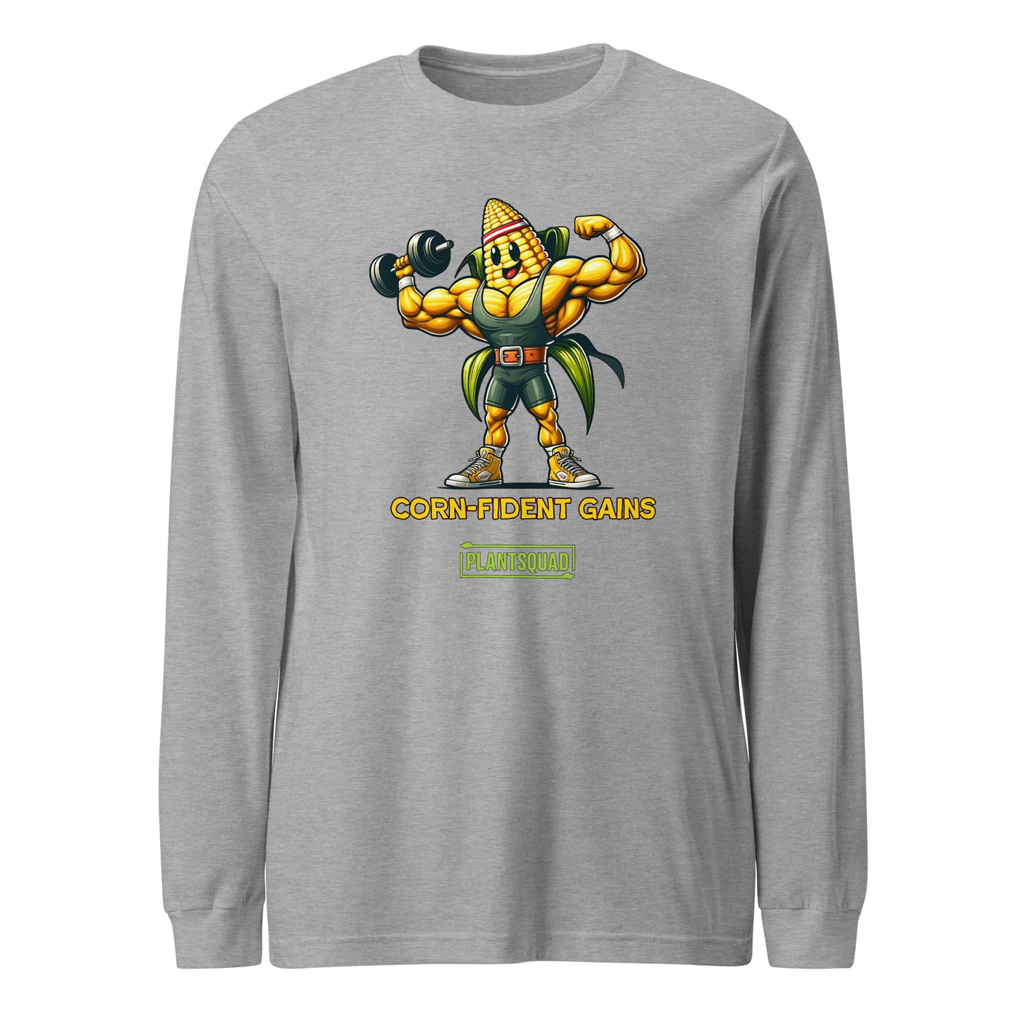 A Plantsquad Corn "Corn-fident Gains" - Unisex Long Sleeve T-Shirt features a muscular corn cob character lifting a dumbbell. The text below the character reads, "CORN-FIDENT GAINS" and "PLANTSQUAD," perfect for those embracing a plant-based, vegan lifestyle through fitness apparel.