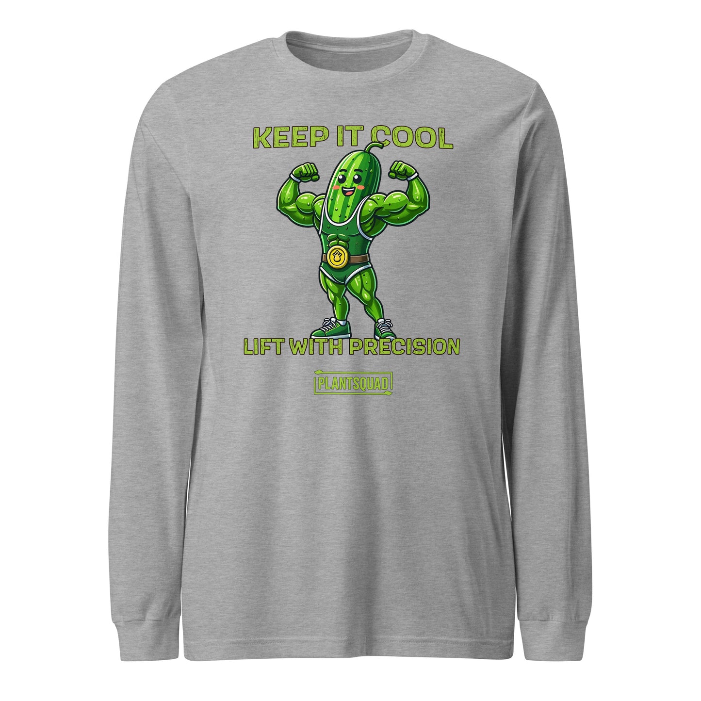 A Plantsquad Cucumber "Keep It Cool Lift With Precision" - Unisex Long Sleeve T-Shirt featuring a cartoon pickle character flexing muscular arms, wearing a green superhero-like costume. Above the pickle, text reads "KEEP IT COOL," and below, it says "LIFT WITH PRECISION." Ideal for those into vegan fitness and proudly part of the "PLANTSQUAD.