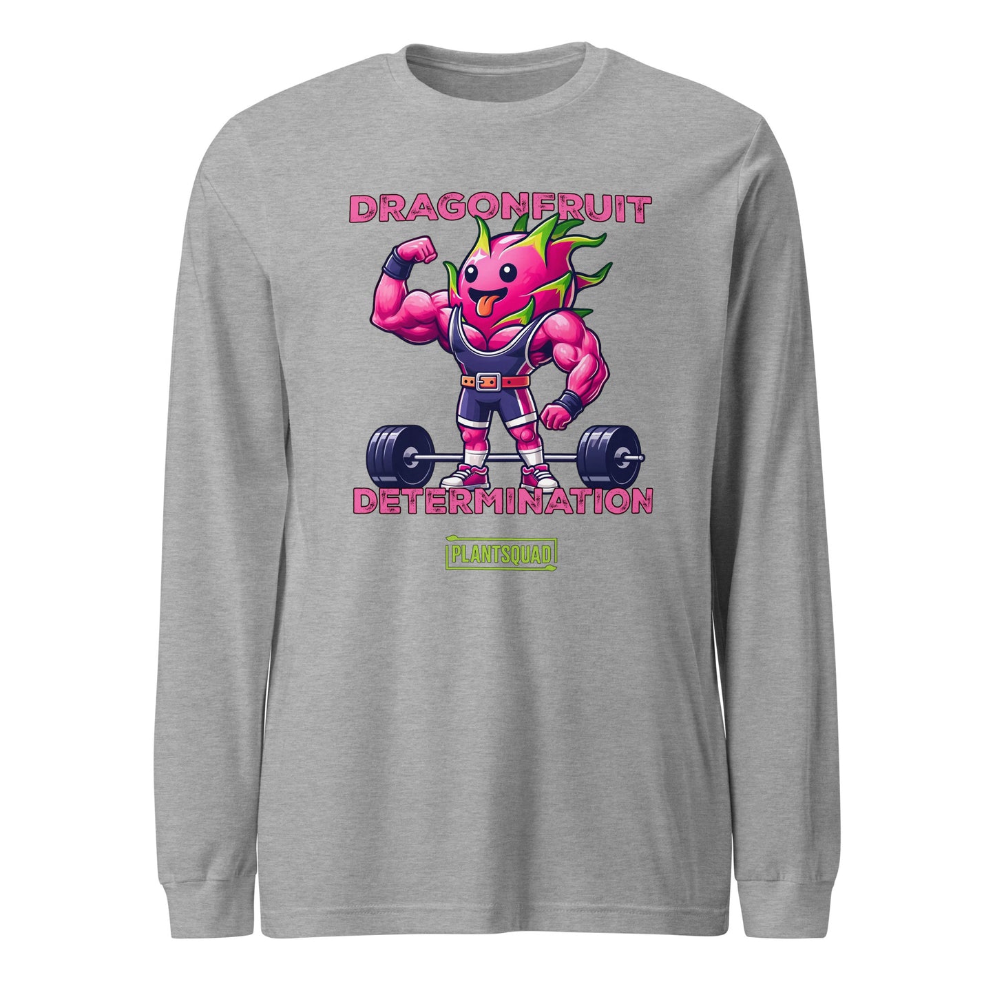 A Plantsquad Dragonfruit "Dragonfruit Determination" - Unisex Long Sleeve T-Shirt featuring a muscular anthropomorphic dragon fruit lifting a barbell. The text above reads "DRAGONFRUIT" and "DETERMINATION," while the text below says "PLANTSQUAD." The vibrant design highlights vegan fitness apparel with pink skin, green leaves, and purple gym attire.