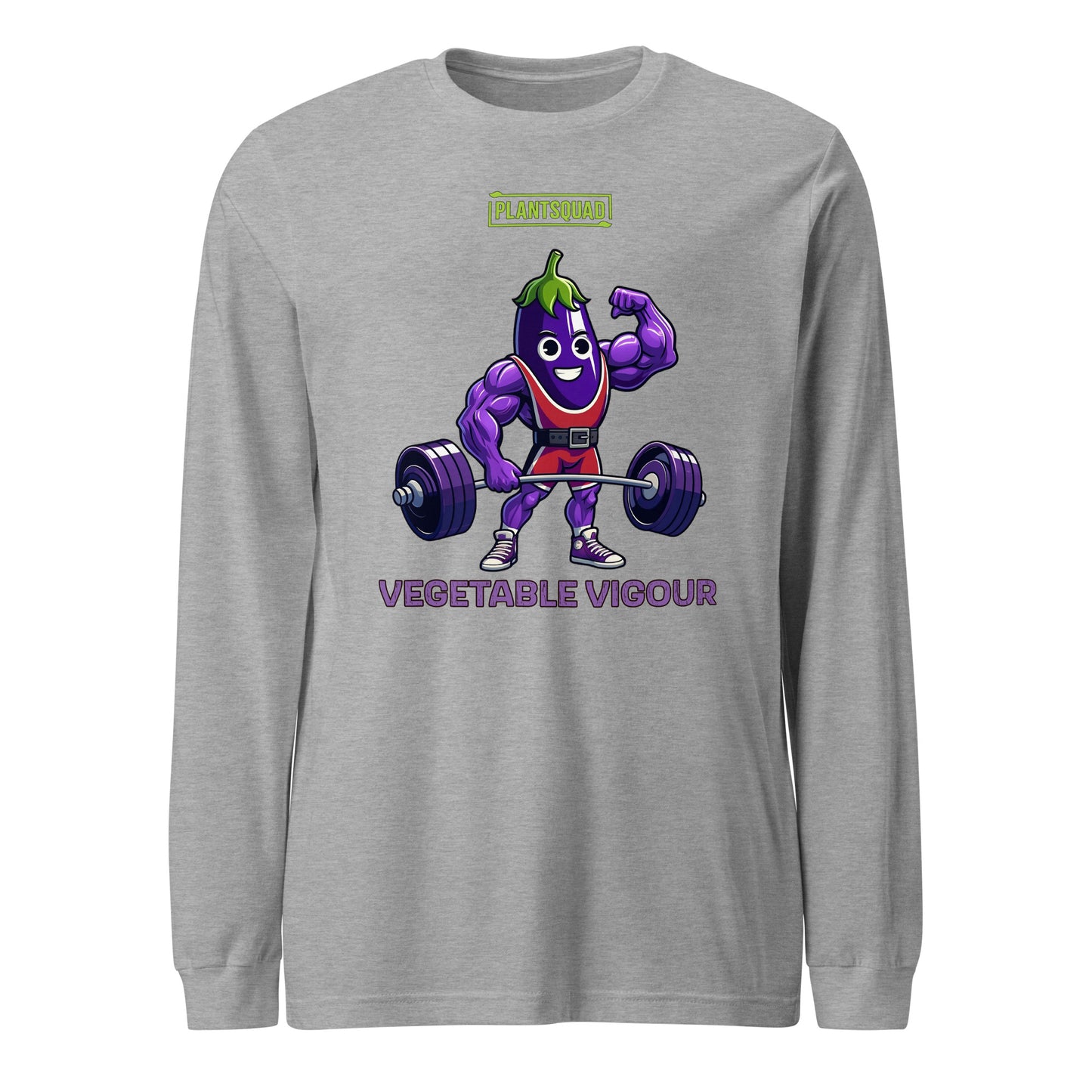 The Plantsquad Eggplant "Vegetable Vigour" - Unisex Long Sleeve T-Shirt features a cartoon eggplant character lifting a barbell. The eggplant is muscular, smiling, and wearing red shorts. Above the character, the text reads "PLANTSQUAD." Below, the text says "VEGETABLE VIGOUR" in bold purple letters—perfect for fitness enthusiasts embracing a vegan lifestyle.