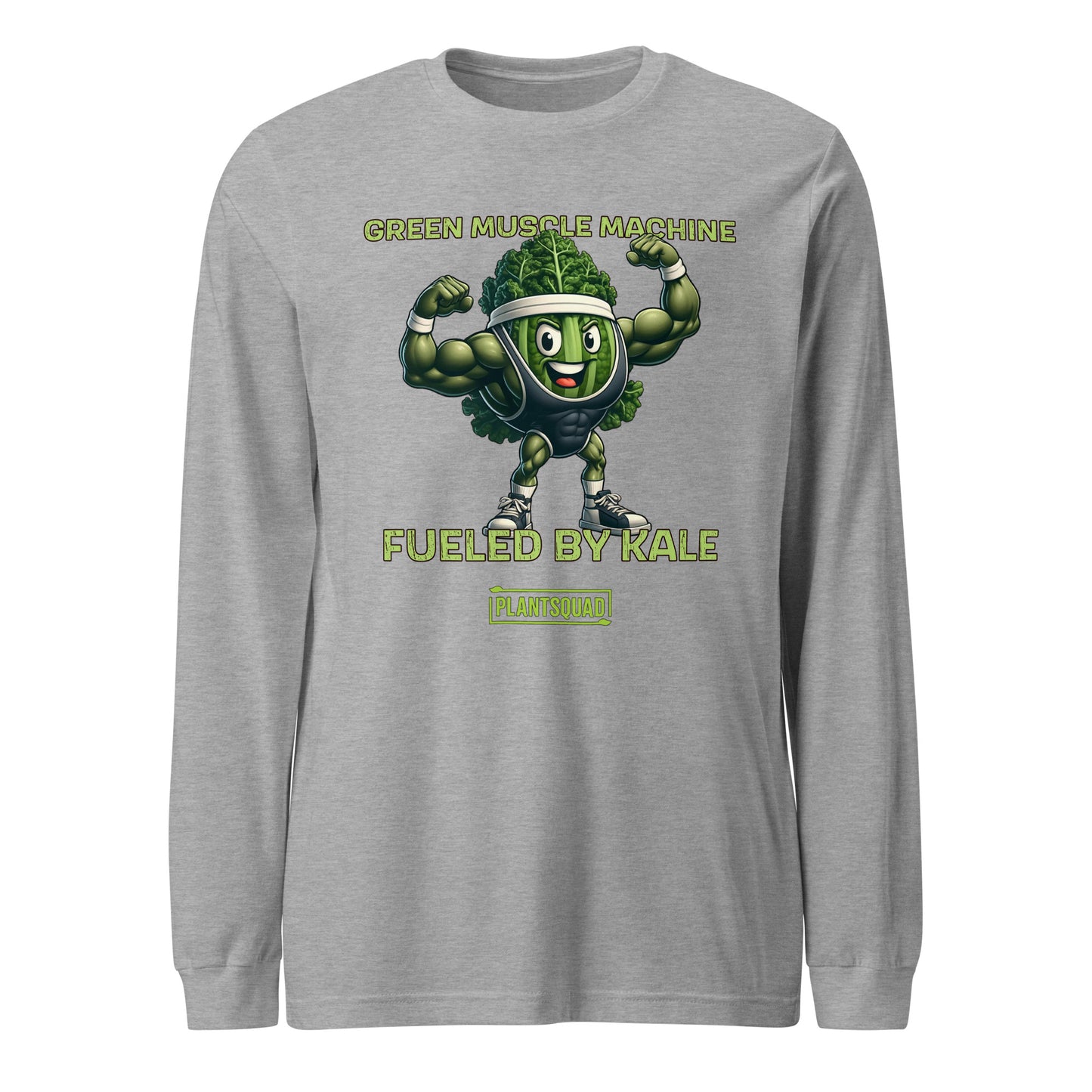 Plantsquad Kale "Green Muscle Machine Fueled By Kale" - Unisex Long Sleeve T-Shirt featuring a muscular cartoon kale character flexing its arms. Above the character, text reads, "GREEN MUSCLE MACHINE," and below it, "FUELED BY KALE." Perfect for fitness enthusiasts embracing a vegan lifestyle! The bottom of the design includes "PLANTSQUAD" inside a rectangular box.