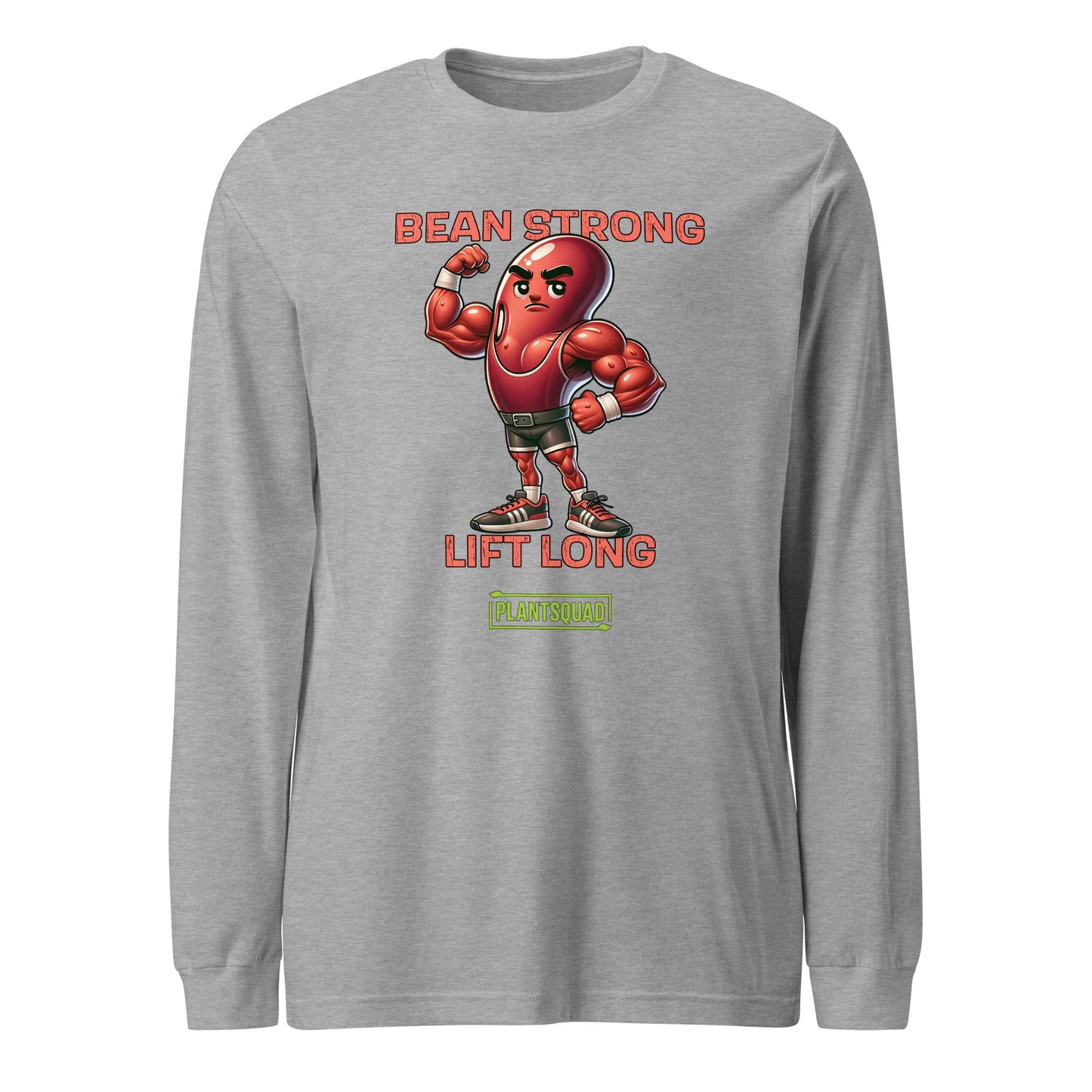 A Plantsquad Kidney Bean "Bean Strong Lift Long" - Unisex Long Sleeve T-Shirt featuring a muscular cartoon kidney bean character flexing its biceps. Above the character, the text reads "BEAN STRONG," and below, "LIFT LONG." Crafted from comfortable fabric, it's perfect for fitness enthusiasts embracing a vegan lifestyle. At the bottom, a green rectangle displays "PLANTSQUAD" in all caps.