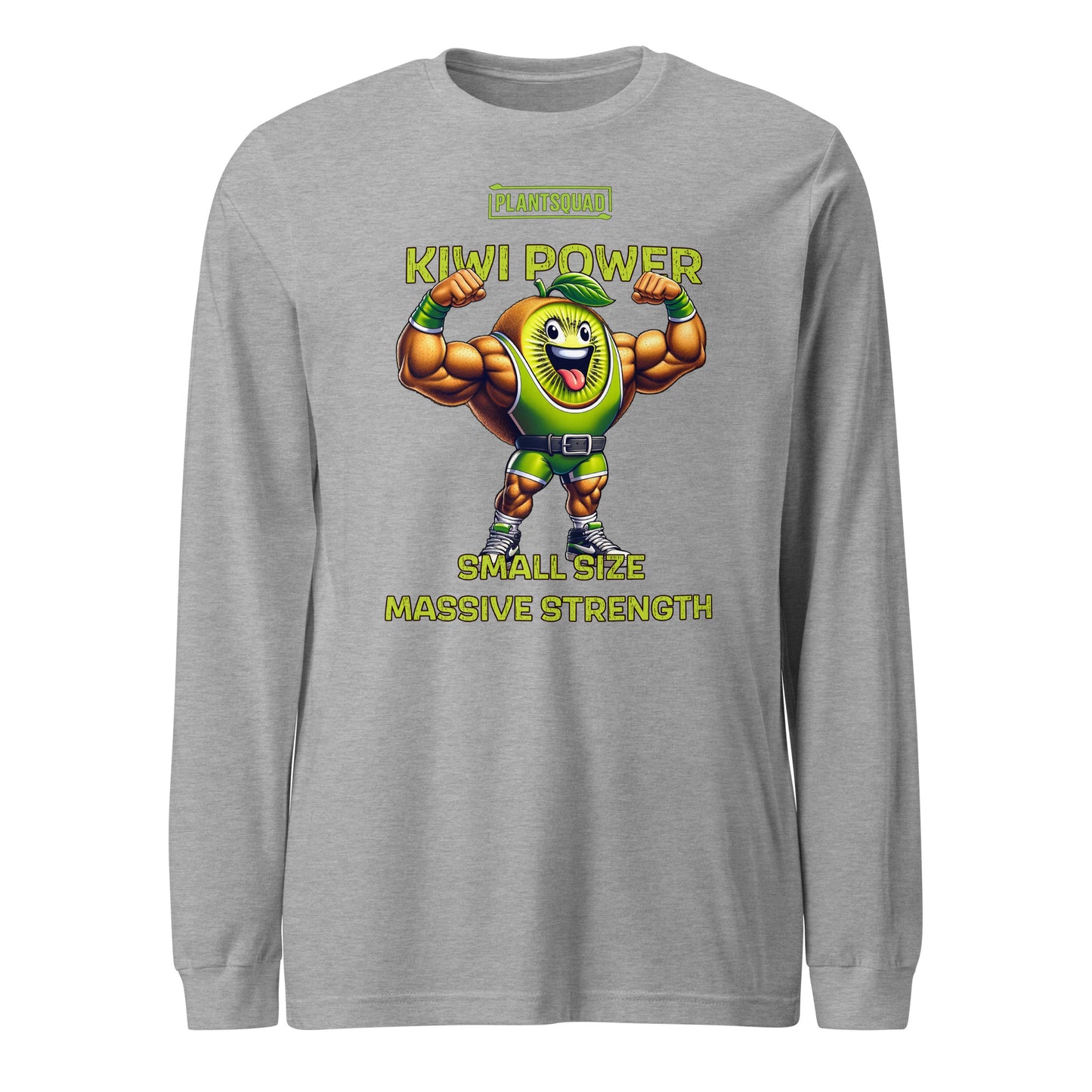 Black long-sleeve shirt featuring a muscly kiwi cartoon flexing its muscles. Above the character, the text reads "PLANTSQUAD," and below, it says "KIWI POWER." Further down, the text reads "SMALL SIZE MASSIVE STRENGTH" in bold yellow letters—a perfect fit for fitness enthusiasts embracing a vegan lifestyle. Introducing the Plantsquad Kiwi "Kiwi Power Small Size Massive Strength" - Unisex Long Sleeve T-Shirt.