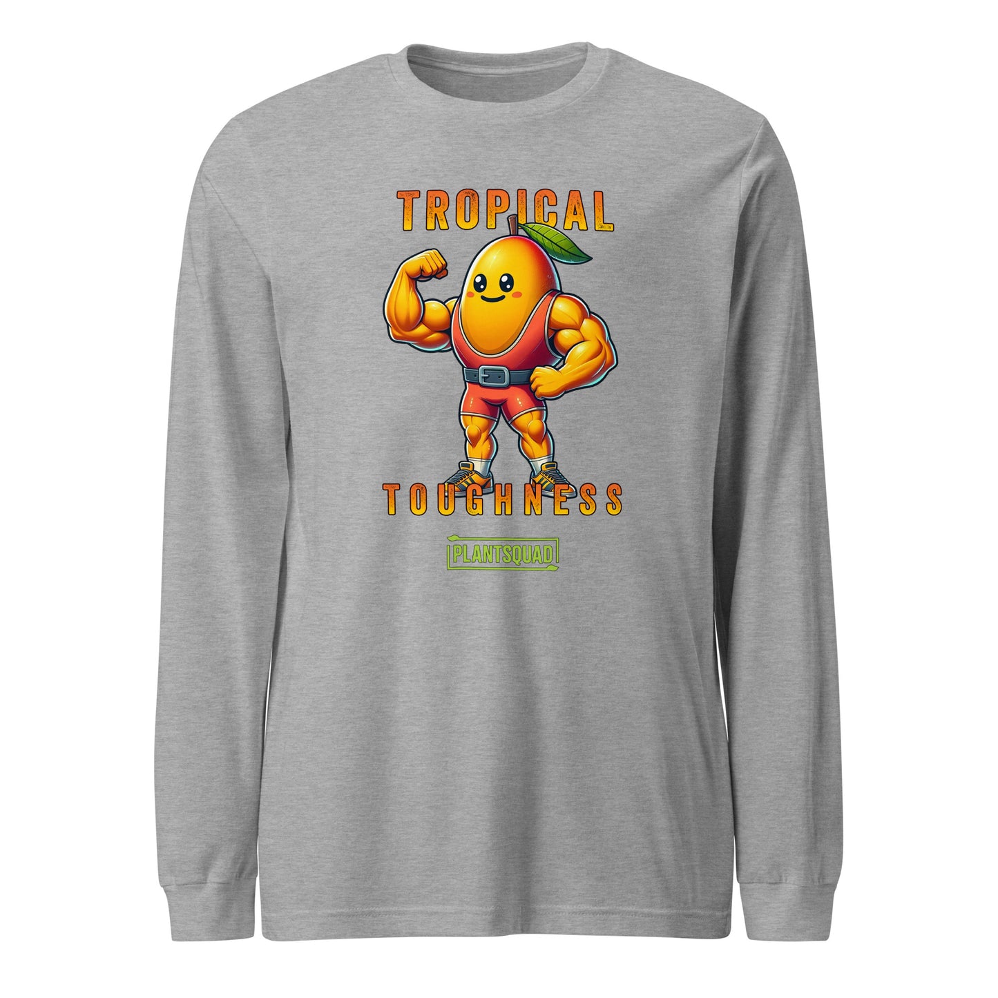 The Plantsquad Mango "Tropical Toughness" - Unisex Long Sleeve T-Shirt features a muscular, animated mango character dressed in red workout gear. The text "Tropical Toughness" is printed above and below the mango, with "Plantsquad" at the bottom. Perfect for fitness enthusiasts embracing a vegan lifestyle.