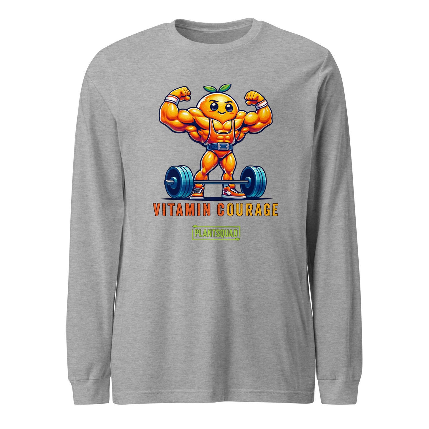 A black long-sleeve shirt features a muscular orange cartoon character lifting weights and flexing its arms. Text below the character reads "VITAMIN COURAGE" in orange letters and "PLANTSQUAD" in a green box, making it perfect for fitness enthusiasts embracing a vegan lifestyle. This is the Plantsquad Orange "Vitamin Courage" - Unisex Long Sleeve T-Shirt.