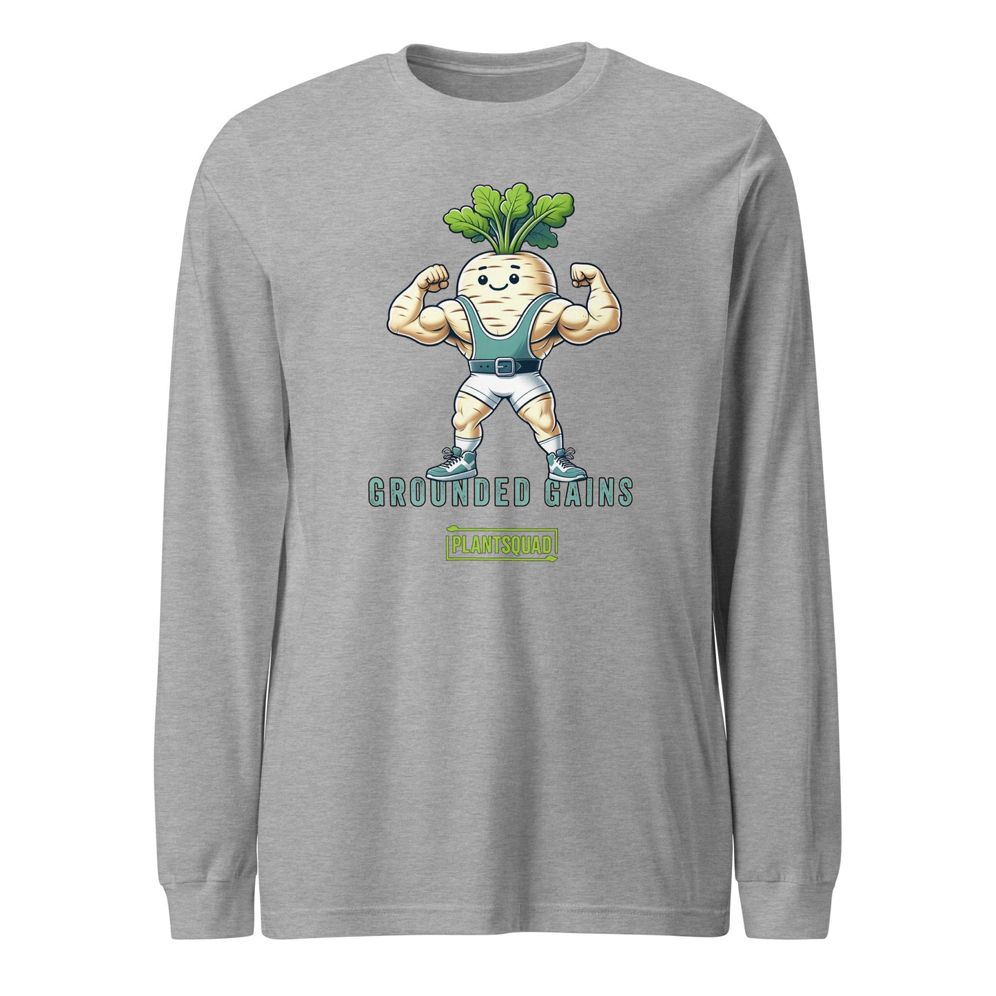 A Plantsquad Parsnip "Grounded Gains" - Unisex Long Sleeve T-Shirt features a muscular anthropomorphic parsnip flexing its biceps. The parsnip wears gym attire and has leafy greens on its head. Text below reads "GROUNDED GAINS" and "PLANTSQUAD," perfect for fitness enthusiasts embracing a vegan lifestyle.