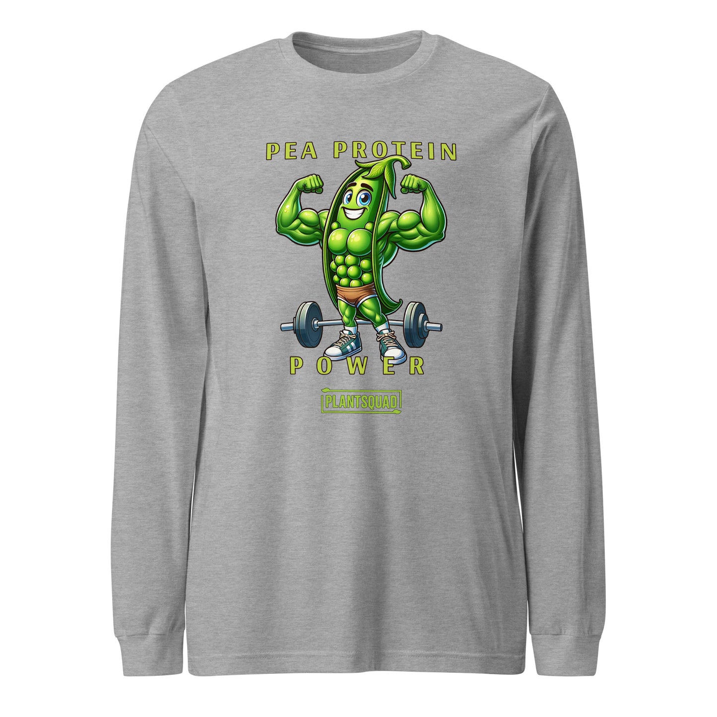 A Plantsquad Peas "Pea Protein Power" - Unisex Long Sleeve T-Shirt featuring a cartoon image of a muscular pea pod flexing its arms above a barbell. Text above reads "PEA PROTEIN POWER," and below the image is the word "PLANTSQUAD." Perfect for fitness enthusiasts embracing a plant-based, vegan lifestyle.