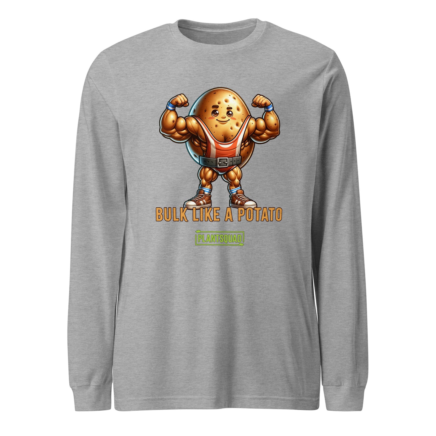 A Plantsquad Potato "Bulk Like A Potato" - Unisex Hoodie featuring a muscular cartoon potato with flexed arms. The text below the potato reads "BULK LIKE A POTATO" and "PLANTSQUAD," making it the perfect apparel for fitness enthusiasts who embrace a vegan lifestyle.