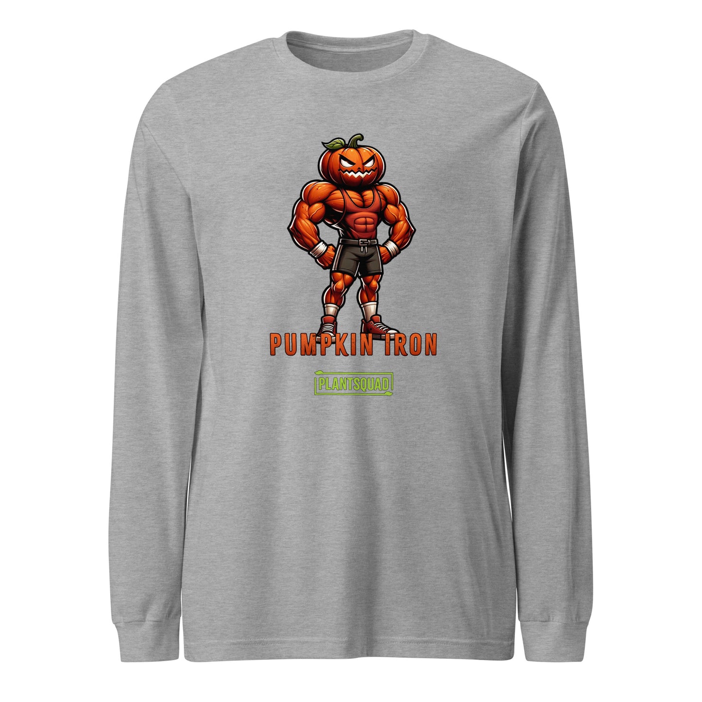 A black long-sleeve shirt features a muscly pumpkin cartoon character with a pumpkin head, wearing shorts and sneakers. The confident figure stands with fists on hips, perfect for fitness enthusiasts. The text "Plantsquad Pumpkin 'Pumpkin Iron' - Unisex Long Sleeve T-Shirt" is written below the character, followed by "PLANTSQUAD" in a green box.