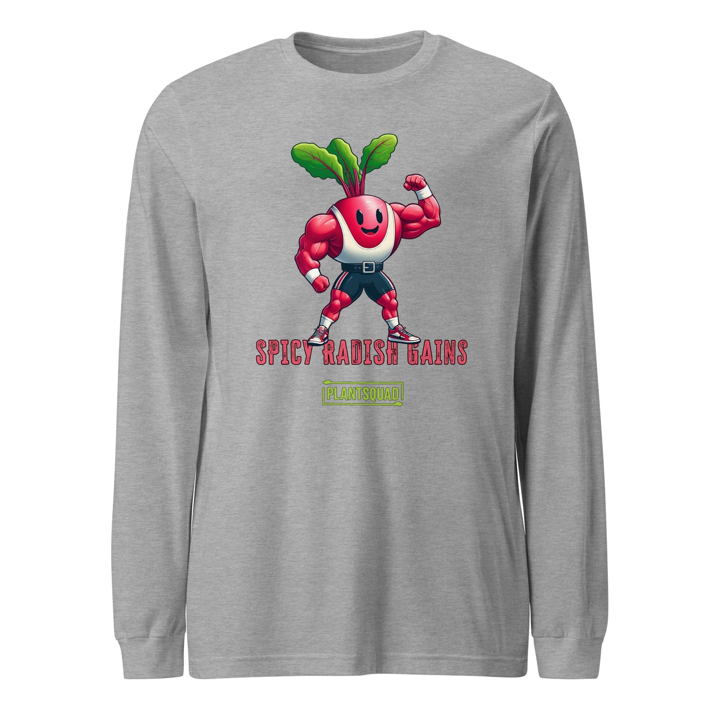 Plantsquad Radish "Spicy Radish Gains" - Unisex Long Sleeve T-Shirt featuring a cartoon image of a muscular, flexing radish in blue shorts and a white belt. Text below the image reads "SPICY RADISH GAINS" in red, with "PLANTSQUAD" in green beneath it. Perfect for fitness enthusiasts embracing a vegan lifestyle.