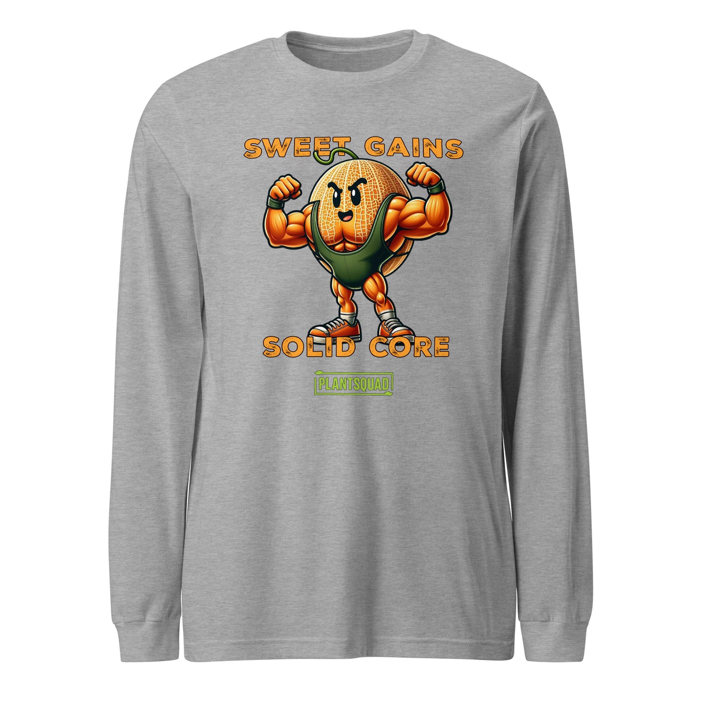 A black long-sleeve shirt features a muscular cartoon carrot flexing its arms. Above the carrot, the text reads "Sweet Gains," and below it, "Solid Core." Beneath this, "PLANTSQUAD" is printed within a green rectangular box, showcasing vegan fitness apparel for those embracing a plant-based lifestyle. The product is named Plantsquad Rockmelon "Sweet Gains Solid Core" - Unisex Long Sleeve T-Shirt.