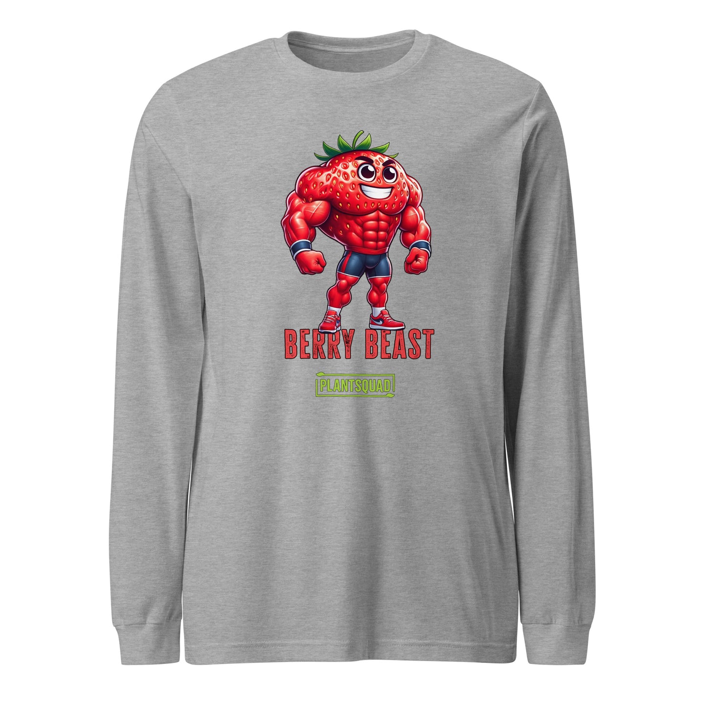 The Plantsquad Strawberry "Berry Beast" - Unisex Long Sleeve T-Shirt features a muscly strawberry cartoon character with the text "Berry Beast" in bold red and purple letters above the word "Plantsquad" in a green box. Perfect for fitness enthusiasts embracing a vegan lifestyle, this design showcases strength in style.