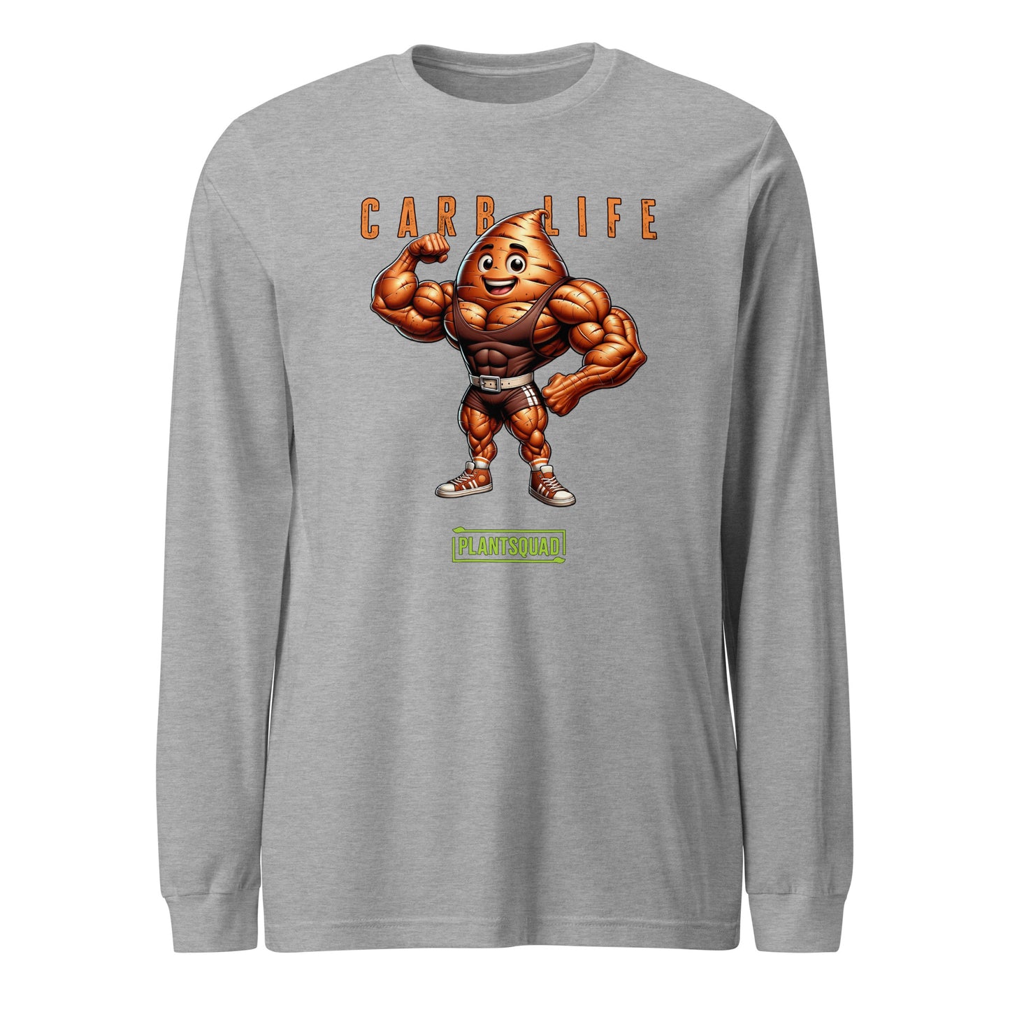 Plantsquad Sweet Potato "Carb Life" - Unisex Long Sleeve T-Shirt showcasing a muscular cartoon potato flexing its biceps, with the text "CARB LIFE" above and "PLANTSQUAD" below—perfect for fitness enthusiasts embracing the vegan lifestyle.