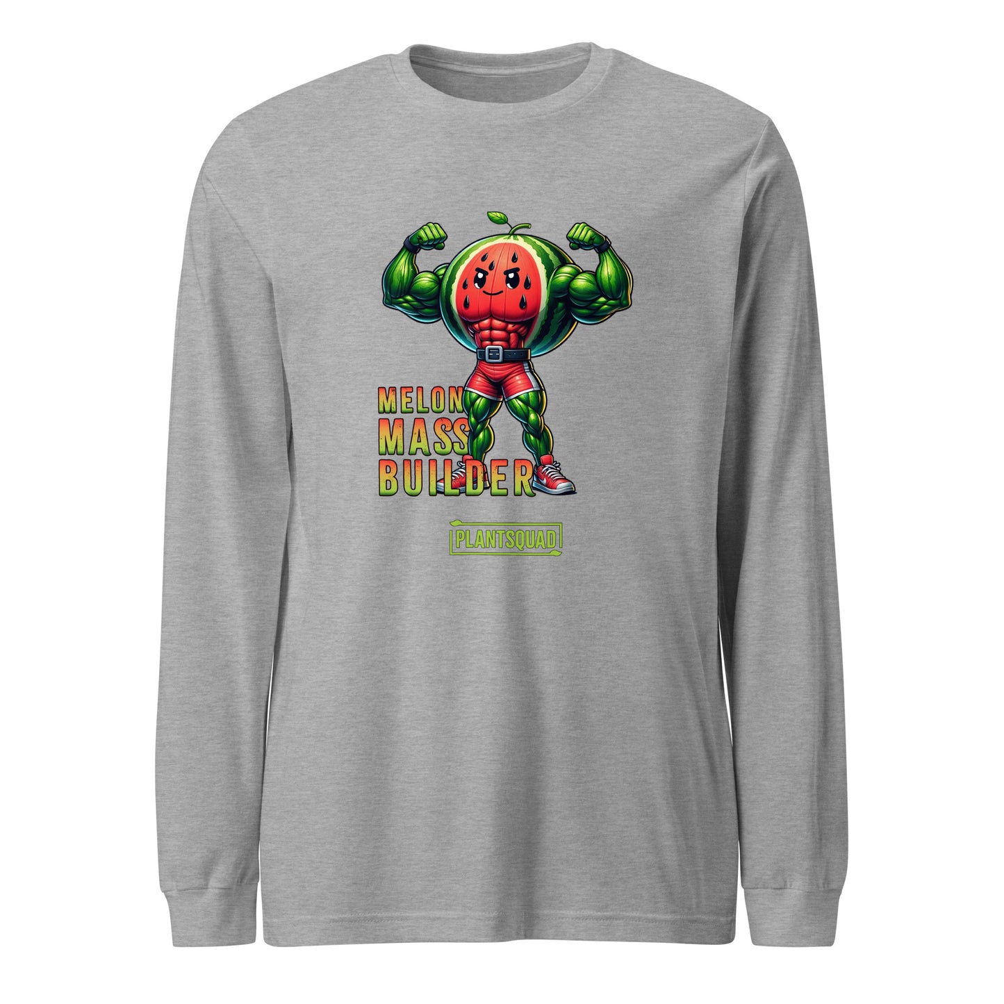 A Plantsquad Watermelon "Melon Mass Builder" - Unisex Long Sleeve T-Shirt featuring a muscular cartoon character with a watermelon head, flexing its arms. Perfect for fitness enthusiasts embracing the vegan lifestyle, the text "MELON MASS BUILDER" in red and yellow is printed next to the character, with "PLANTSQUAD" beneath it in green.