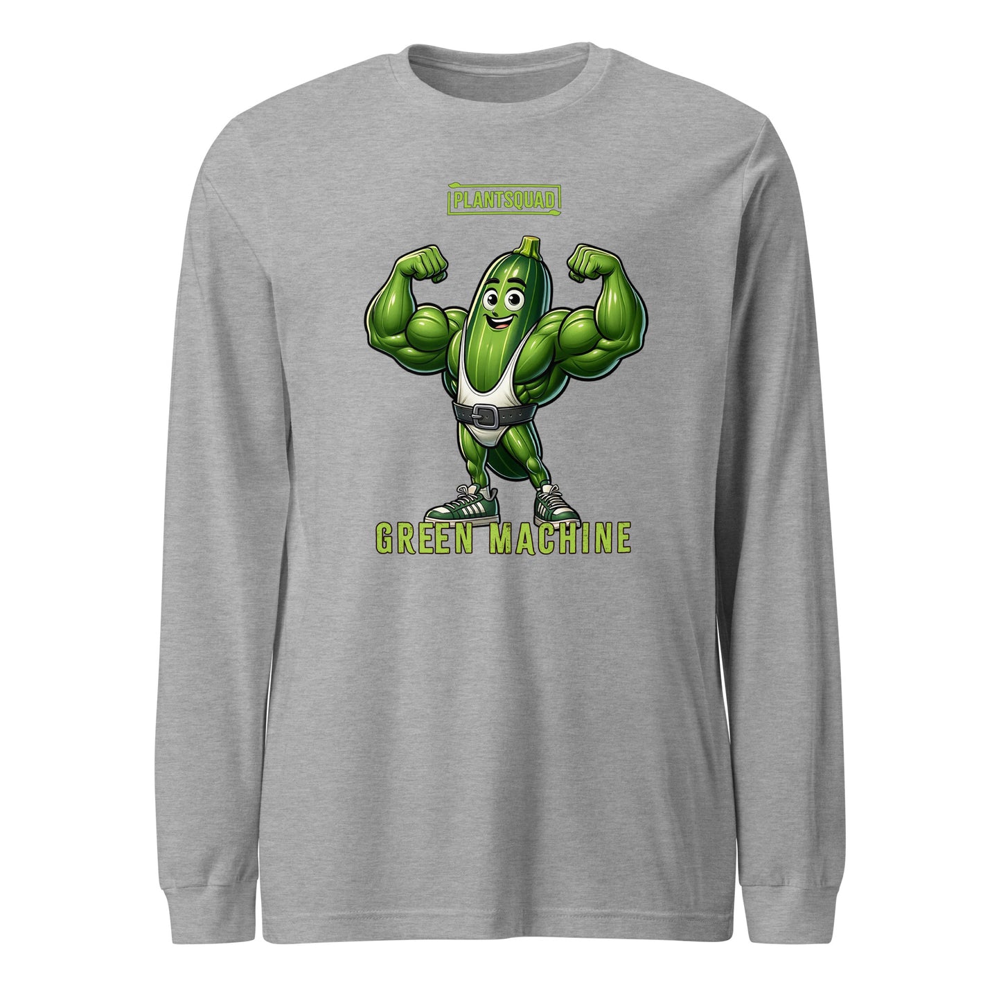 Black long-sleeve shirt displaying a cartoonish green muscular vegetable character flexing its muscles. The text "PLANTSQUAD" is at the top, with "GREEN MACHINE" below the character. Perfect for fitness enthusiasts embracing a vegan lifestyle, this Plantsquad Zucchini "Green Machine" - Unisex Long Sleeve T-Shirt combines humor and health.