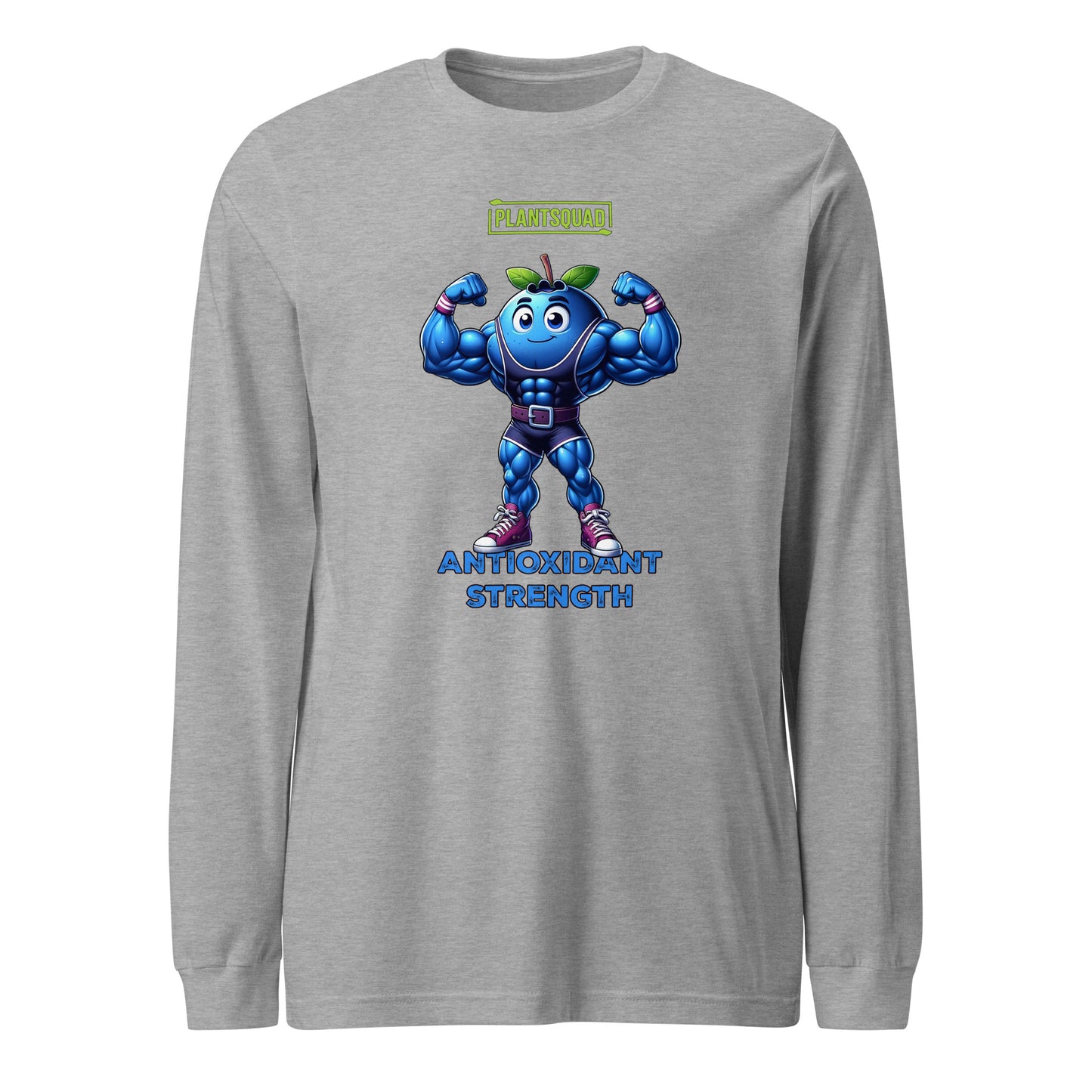 Product Description: Plantsquad Blueberry "Antioxidant Strength" - Unisex Long Sleeve T-Shirt featuring an illustrated blue, muscular cartoon superhero resembling a muscly blueberry with antennas, flexing its arms. Above the character, the text reads "PLANTSQUAD," and below, it says "ANTIOXIDANT STRENGTH" in blue letters. Perfect for promoting a plant-based lifestyle and vegan fitness.