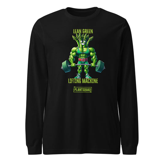 A Plantsquad Asparagus "Lean Green Lifting Machine" - Unisex Long Sleeve T-Shirt featuring an illustration of a muscular, anthropomorphic plant lifting dumbbells. The text above reads, "Lean Green Lifting Machine," and below, "Plantsquad," both in green lettering—a perfect fit for those embracing a plant-based lifestyle or vegan fitness.