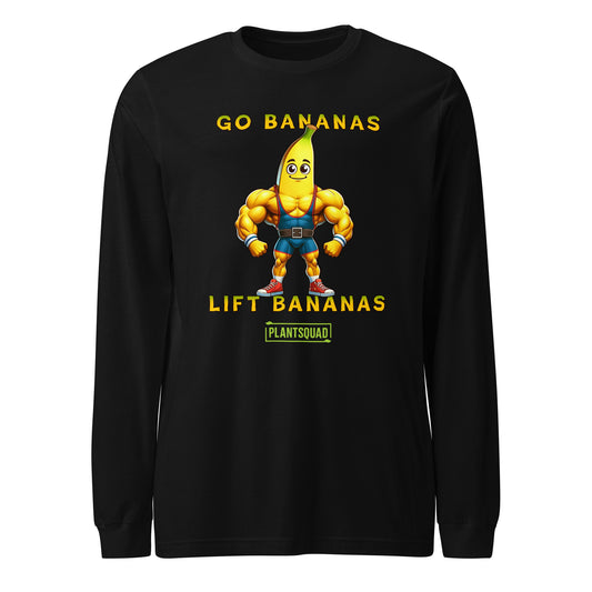 The Plantsquad Banana "Go Bananas Lift Bananas" - Unisex Long Sleeve T-Shirt features a muscular cartoon banana character wearing blue shorts and white shoes. The text above the banana says, "GO BANANAS," and the text below says, "LIFT BANANAS." Perfect for fitness enthusiasts embracing a plant-based lifestyle, it sports the logo "PLANTSQUAD" at the bottom.