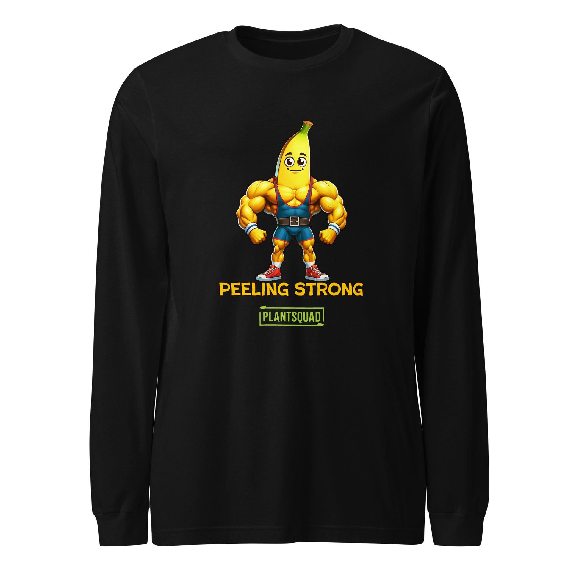 A Plantsquad Banana "Peeling Strong" - Unisex Long Sleeve T-Shirt featuring a muscly banana cartoon with a smiling face and flexing arms. Below the banana, the text reads "PEELING STRONG" and "PLANTSQUAD," perfect for fitness enthusiasts embracing a vegan lifestyle.