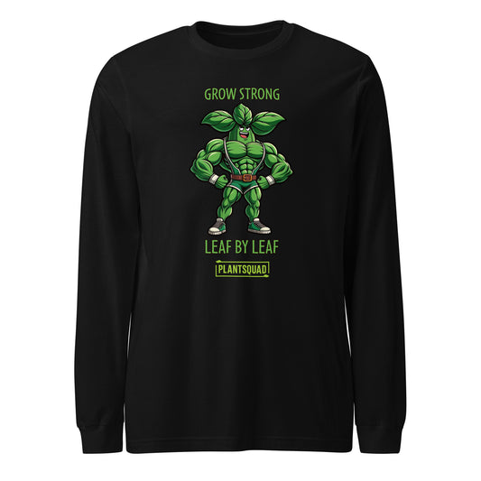 A black long-sleeve t-shirt featuring an illustration of a muscular, anthropomorphic green leaf superhero. Above the image is the text "GROW STRONG," and below it reads "LEAF BY LEAF." The bottom features the word "PLANTSQUAD," perfect for those embracing a vegan lifestyle or seeking plant-based clothing. Introducing the Plantsquad Basil "Grow Strong Leaf By Leaf" - Unisex Long Sleeve T-Shirt.