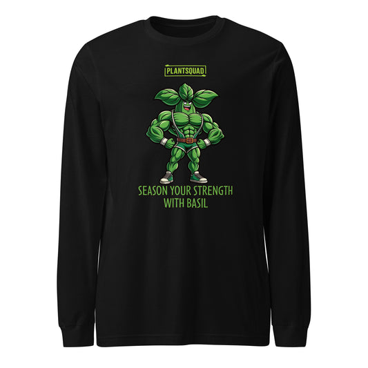 Black long-sleeve shirt with a graphic of a muscly basil cartoon in a green costume. Above the character, "PLANTSQUAD" is proudly displayed, and below, "SEASON YOUR STRENGTH WITH BASIL" appears in vibrant green letters. Perfect for fitness enthusiasts embracing a vegan lifestyle! Introducing the Plantsquad Basil "Season Your Strength With Basil" - Unisex Long Sleeve T-Shirt.