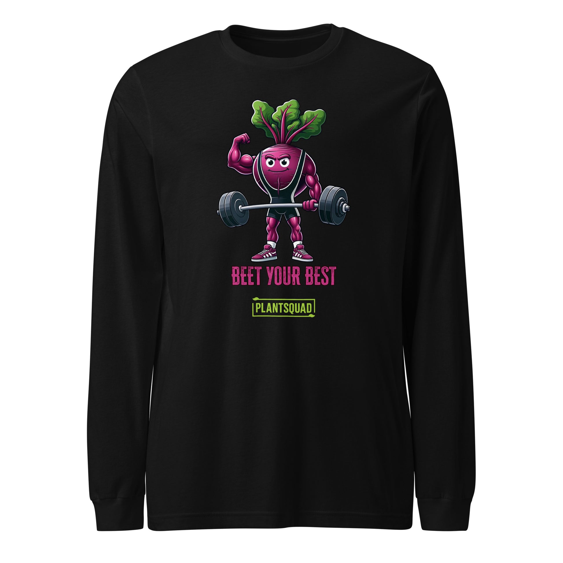 Plantsquad Beetroot "Beet Your Best" - Unisex Long Sleeve T-Shirt featuring a muscly beetroot cartoon lifting barbells. Text below the beet reads, "Beet Your Best" in pink, with "PLANTSQUAD" in a green box underneath. The beet character wears sneakers and earphones, promoting a fun vegan fitness and plant-based lifestyle.