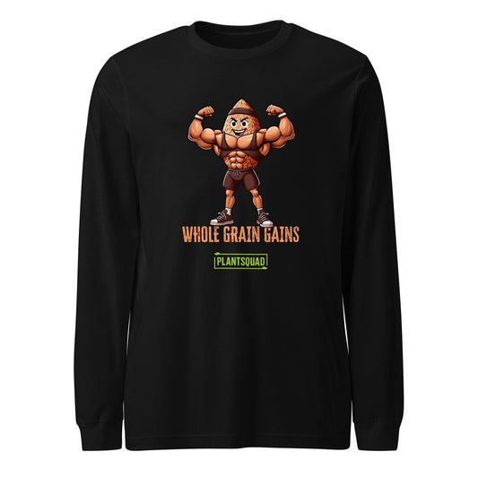 A Plantsquad Brown Rice "Whole Grain Gains" - Unisex Long Sleeve T-Shirt showcasing a muscular character made of whole grains flexing its arms. The text below proudly states "Whole Grain Gains," ideal for fitness enthusiasts embracing a vegan lifestyle, with "Plantsquad" written in a green rectangular box at the bottom.